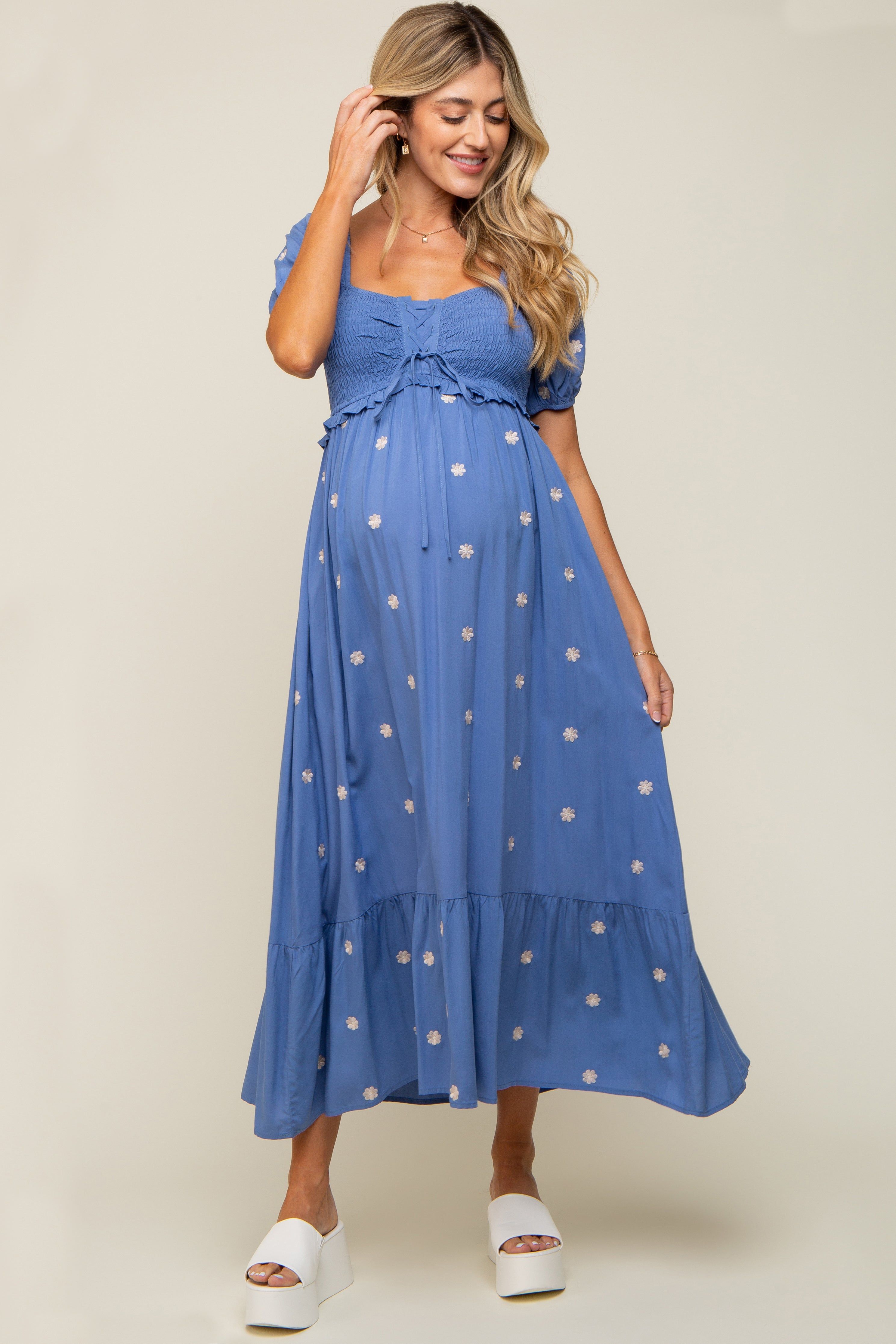 Blue Floral Embroidered Smocked Maternity Maxi Dress sold by Pinkblush product image thumbnail 5