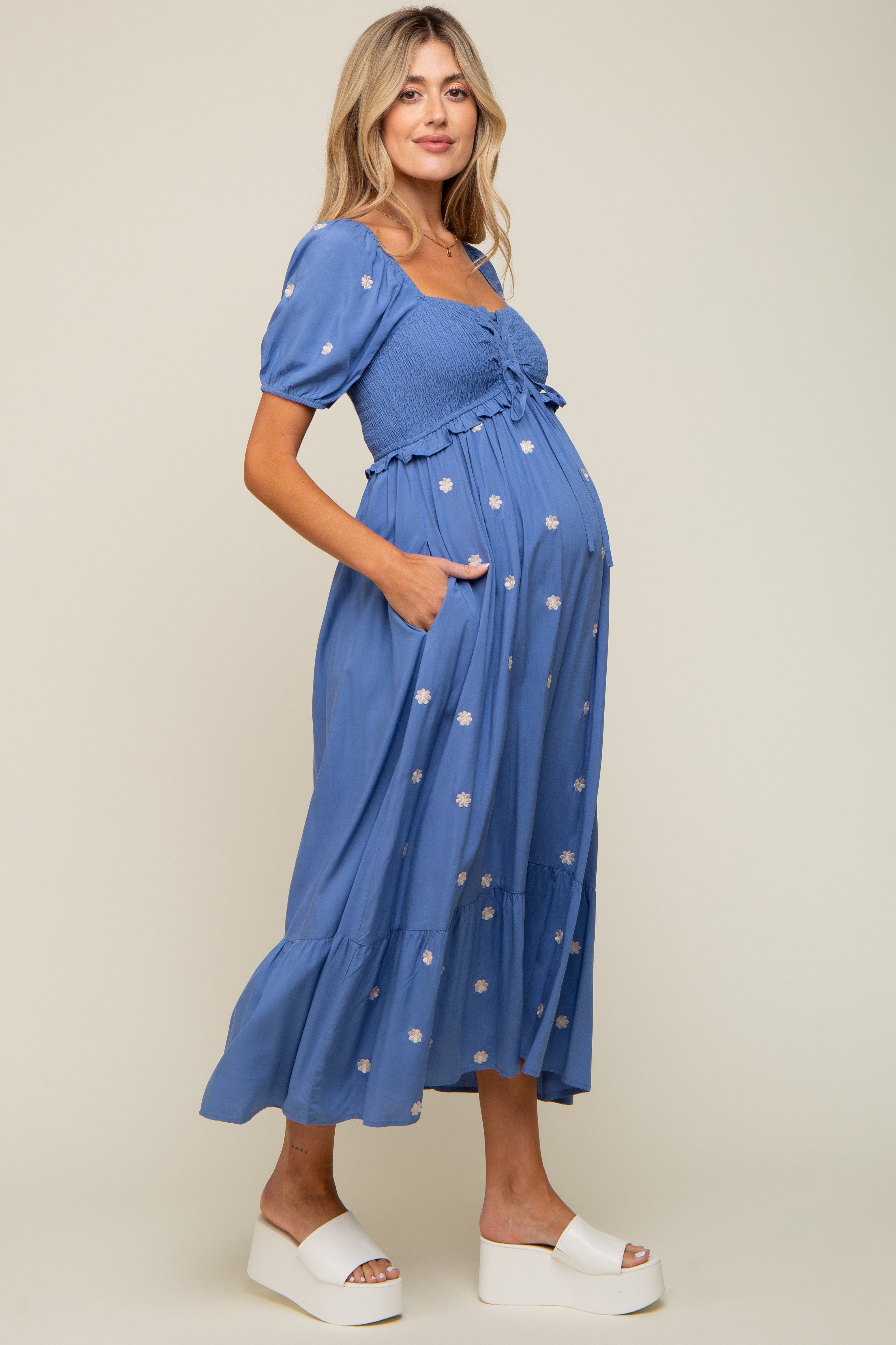 Blue Floral Embroidered Smocked Maternity Maxi Dress sold by Pinkblush product image thumbnail 2