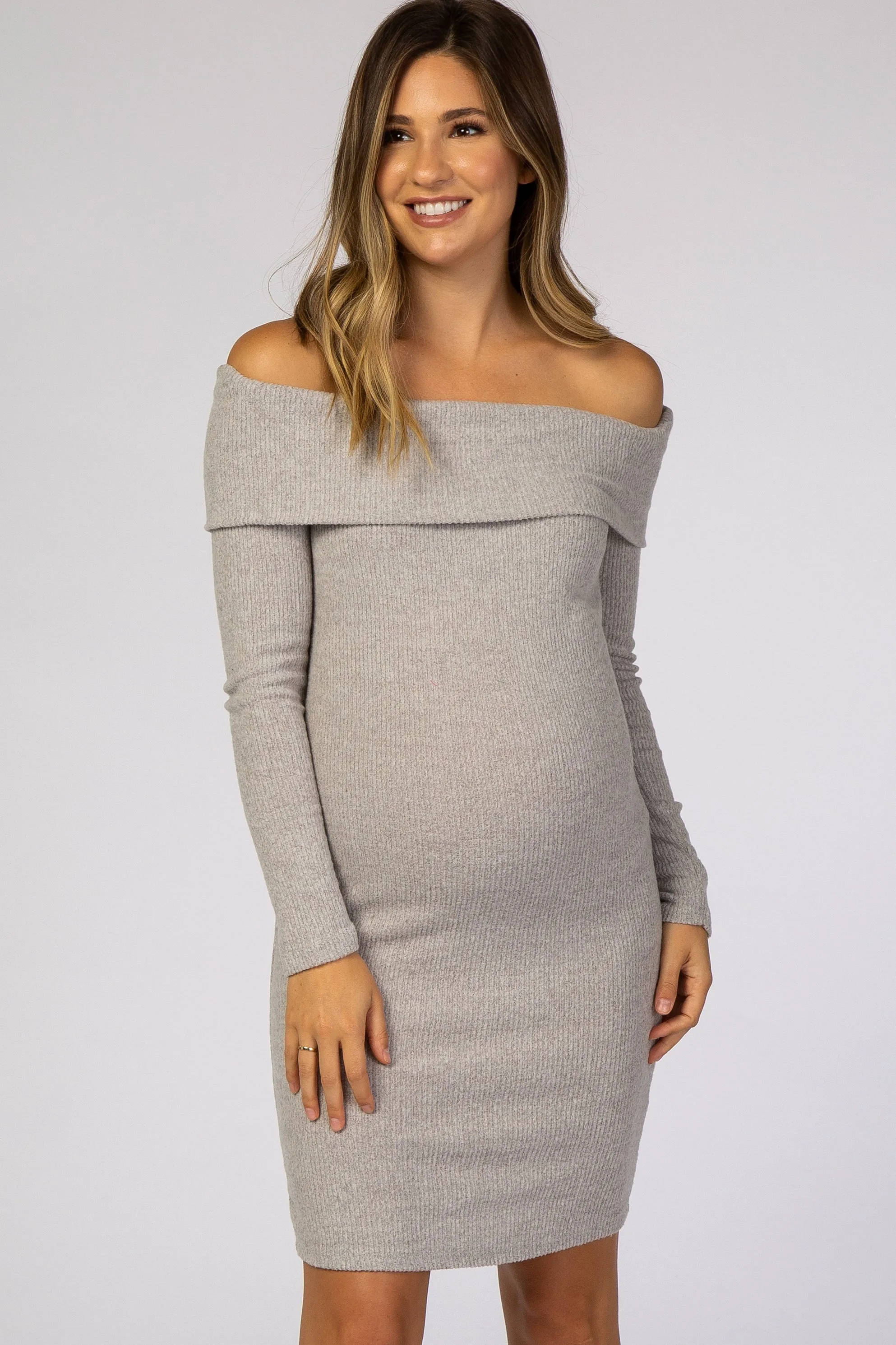 Heather Grey Soft Ribbed Folded Neck Off Shoulder Maternity Dress sold by Pinkblush product image thumbnail 2