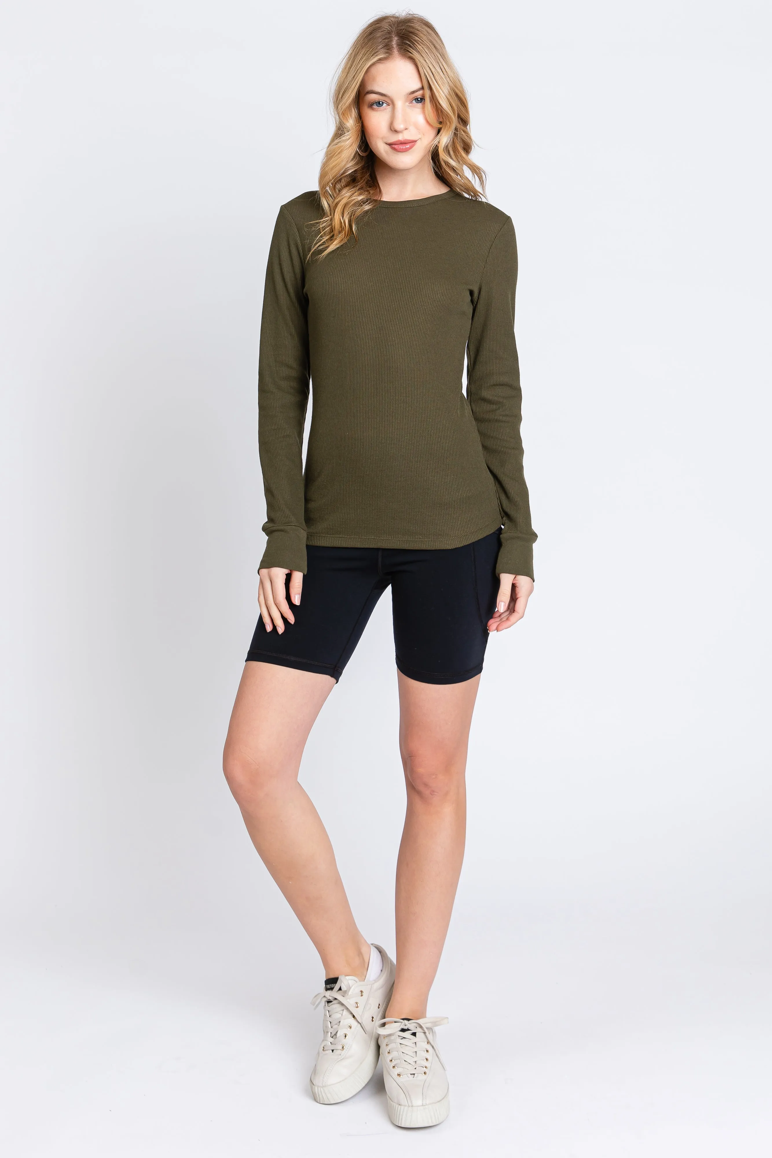 Olive Waffle Knit Basic Long Sleeve Top sold by Pinkblush product image thumbnail 4