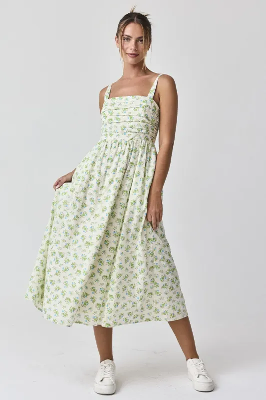 Blue Floral Textured Dot Square Neck Midi Dress sold by Pinkblush