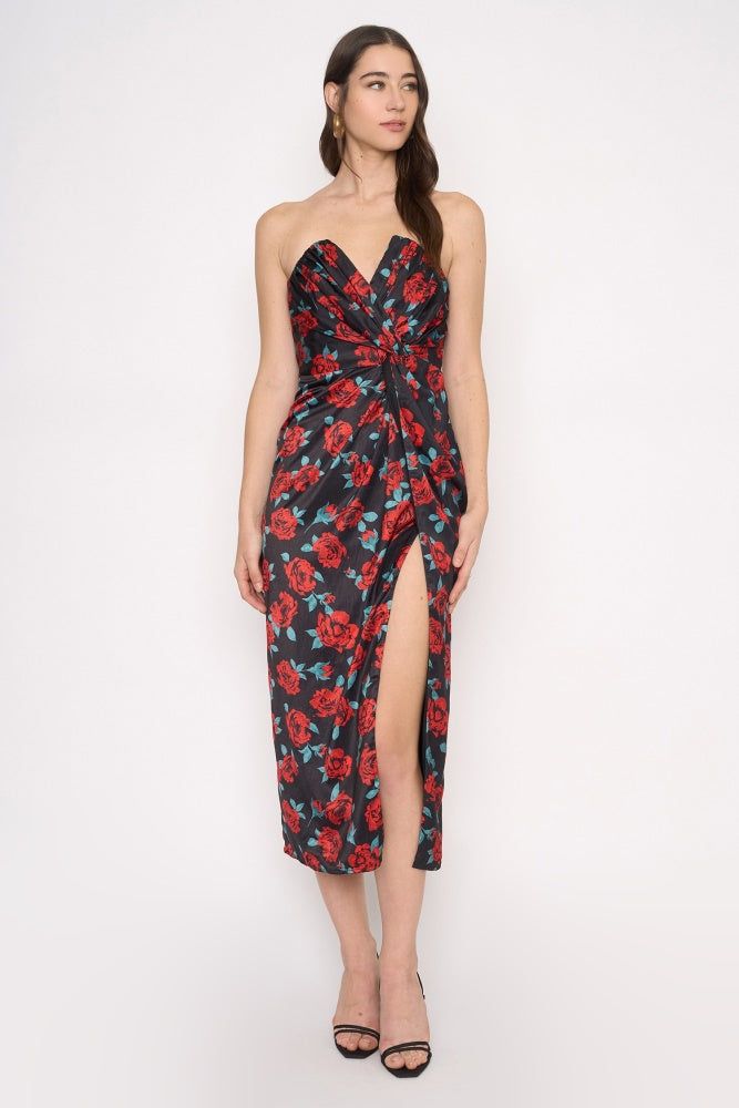 Red Multi Strapless Floral Dress With Thigh Slit sold by Pinkblush