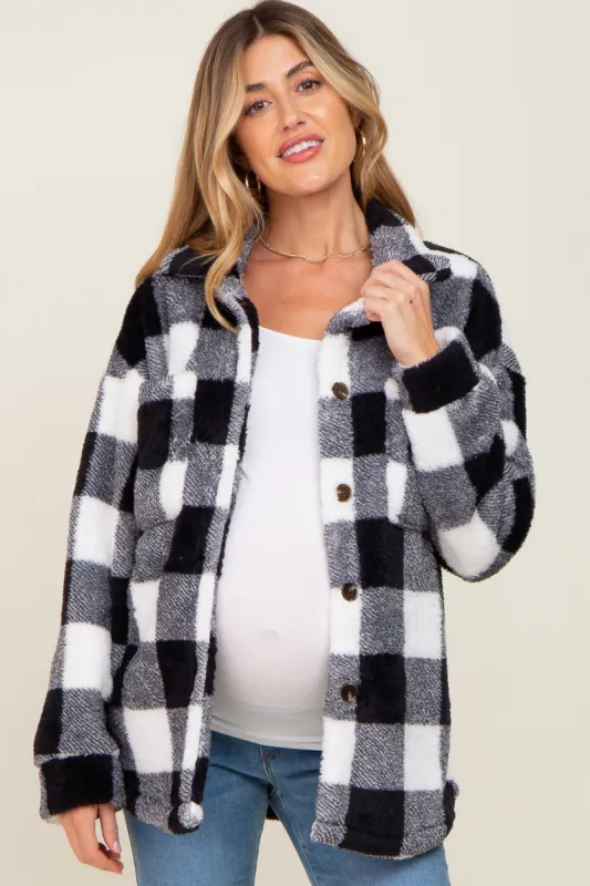 Black Plaid Fuzzy Maternity Shirt Jacket sold by Pinkblush