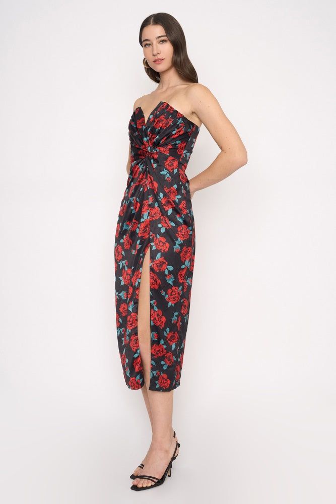 Red Multi Strapless Floral Dress With Thigh Slit sold by Pinkblush product image thumbnail 2