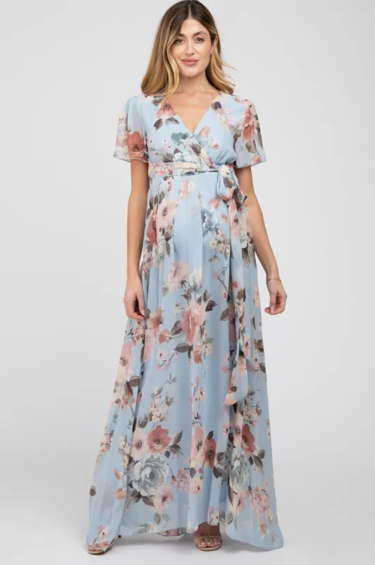 Light Blue Floral Chiffon Wrap Front Short Sleeve Maternity Maxi Dress sold by Pinkblush