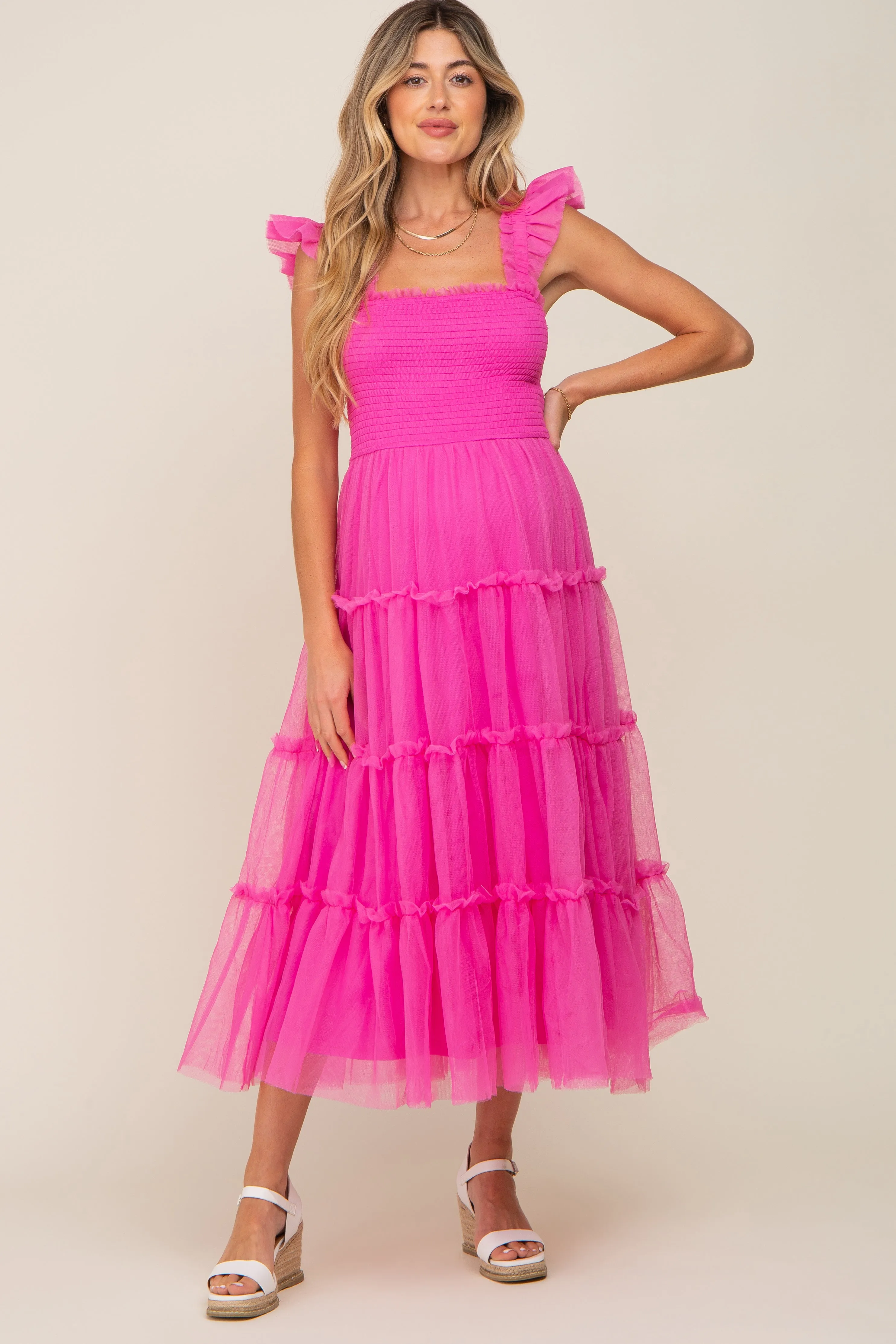 Fuchsia Smocked Mesh Ruffle Accent Maternity Midi Dress sold by Pinkblush