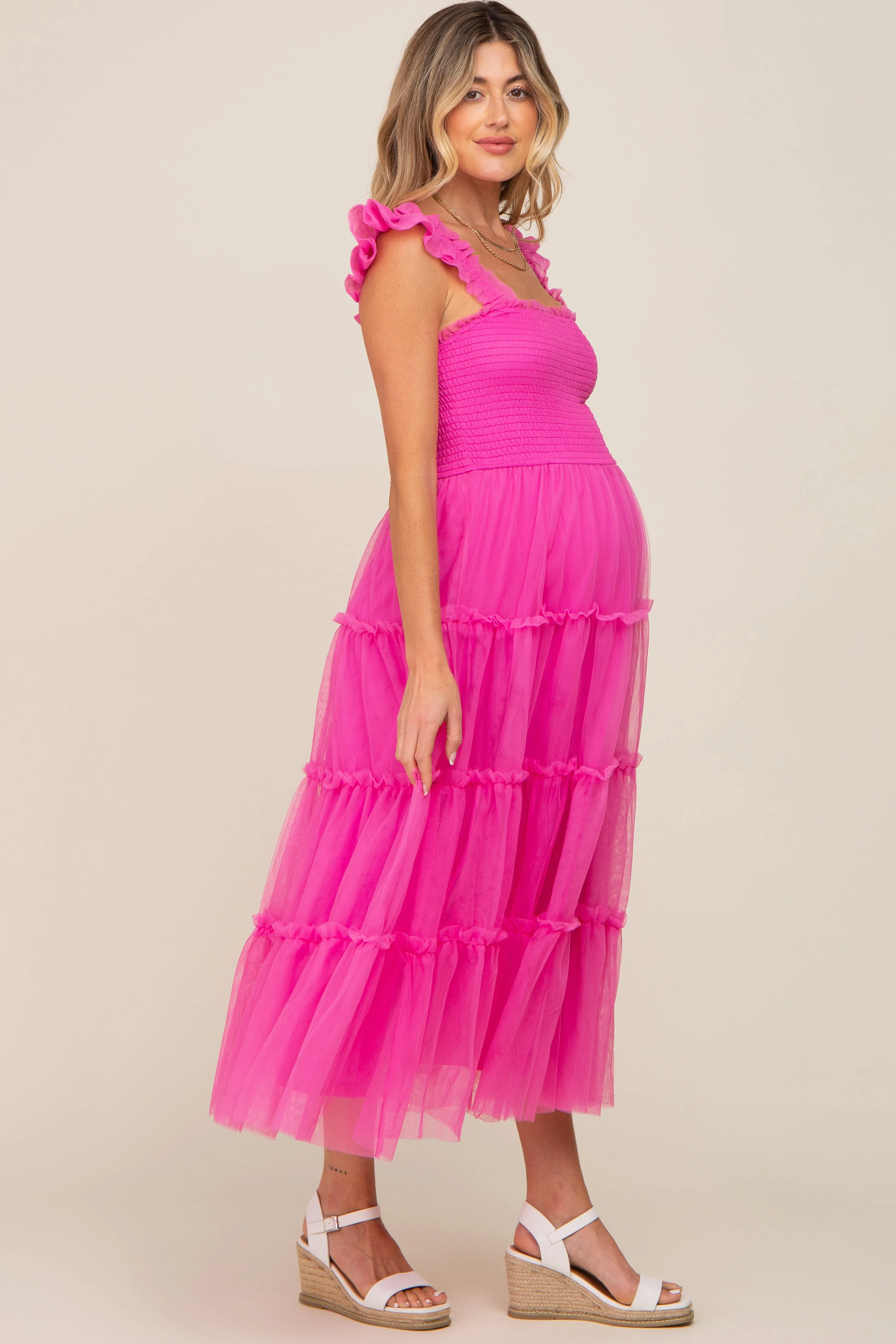 Fuchsia Smocked Mesh Ruffle Accent Maternity Midi Dress sold by Pinkblush product image thumbnail 2