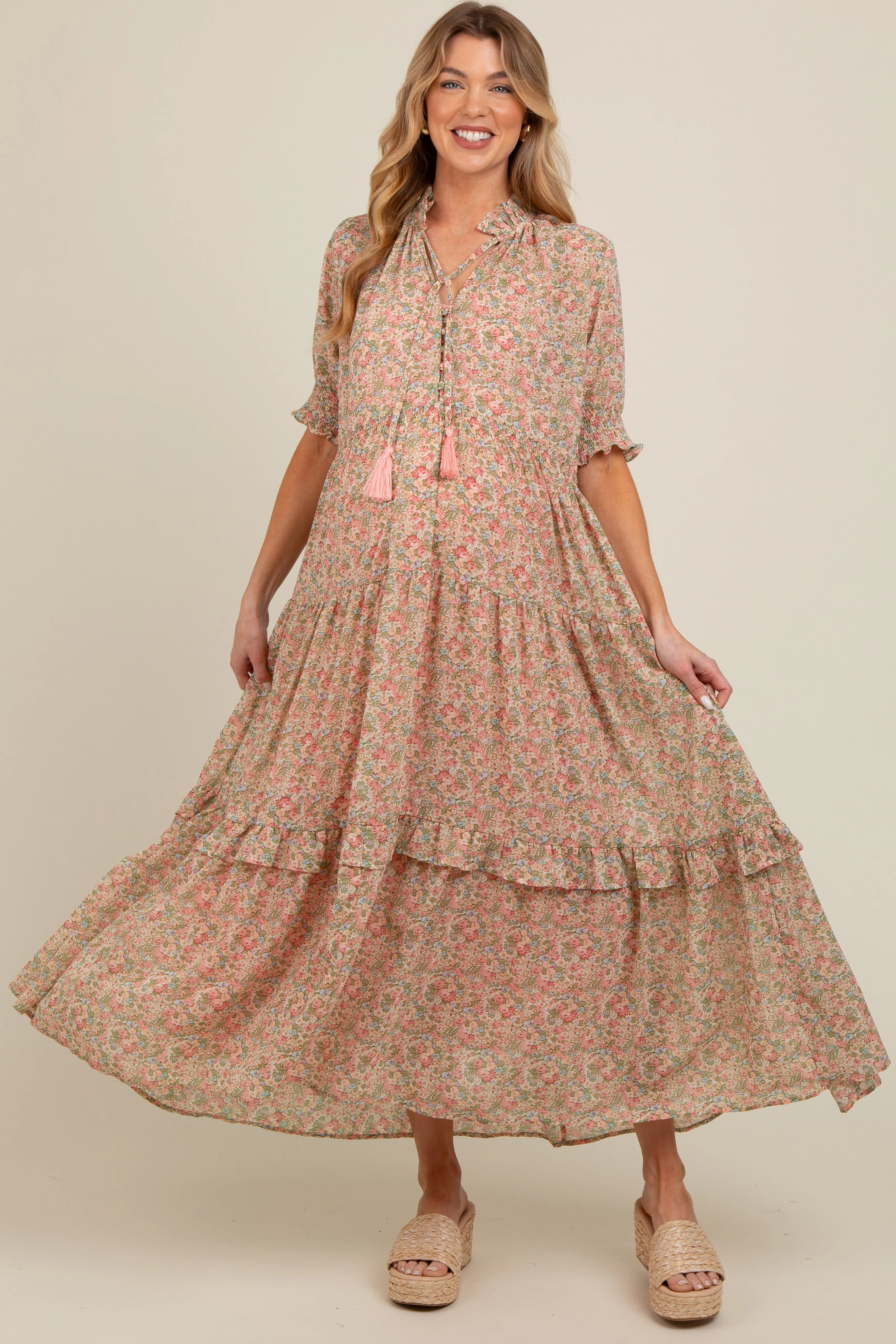 Peach Floral Chiffon Button Front Tiered Maternity Midi Dress sold by Pinkblush product image thumbnail 3