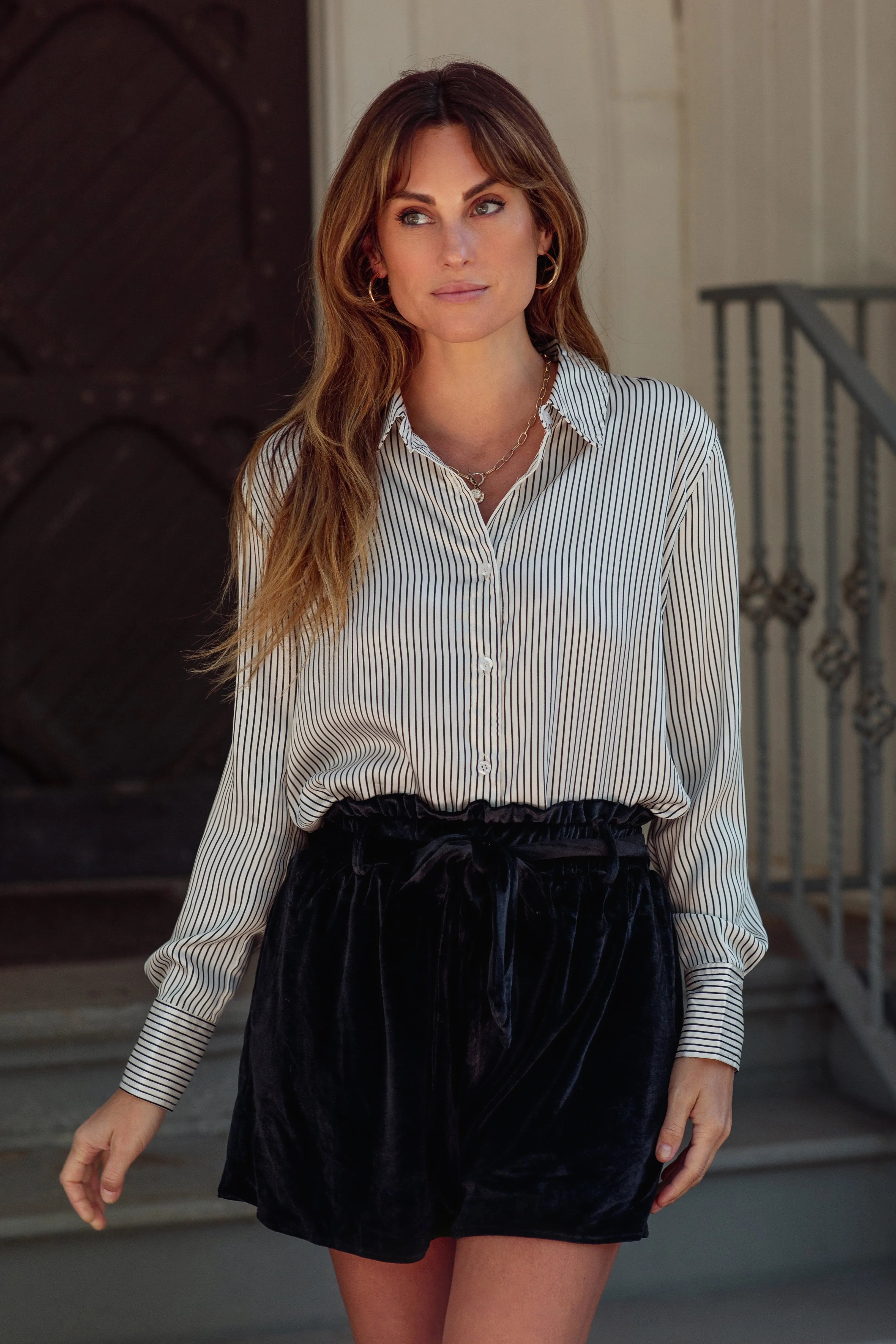 Ivory Striped Satin Maternity Button Up Top sold by Pinkblush product image thumbnail 4