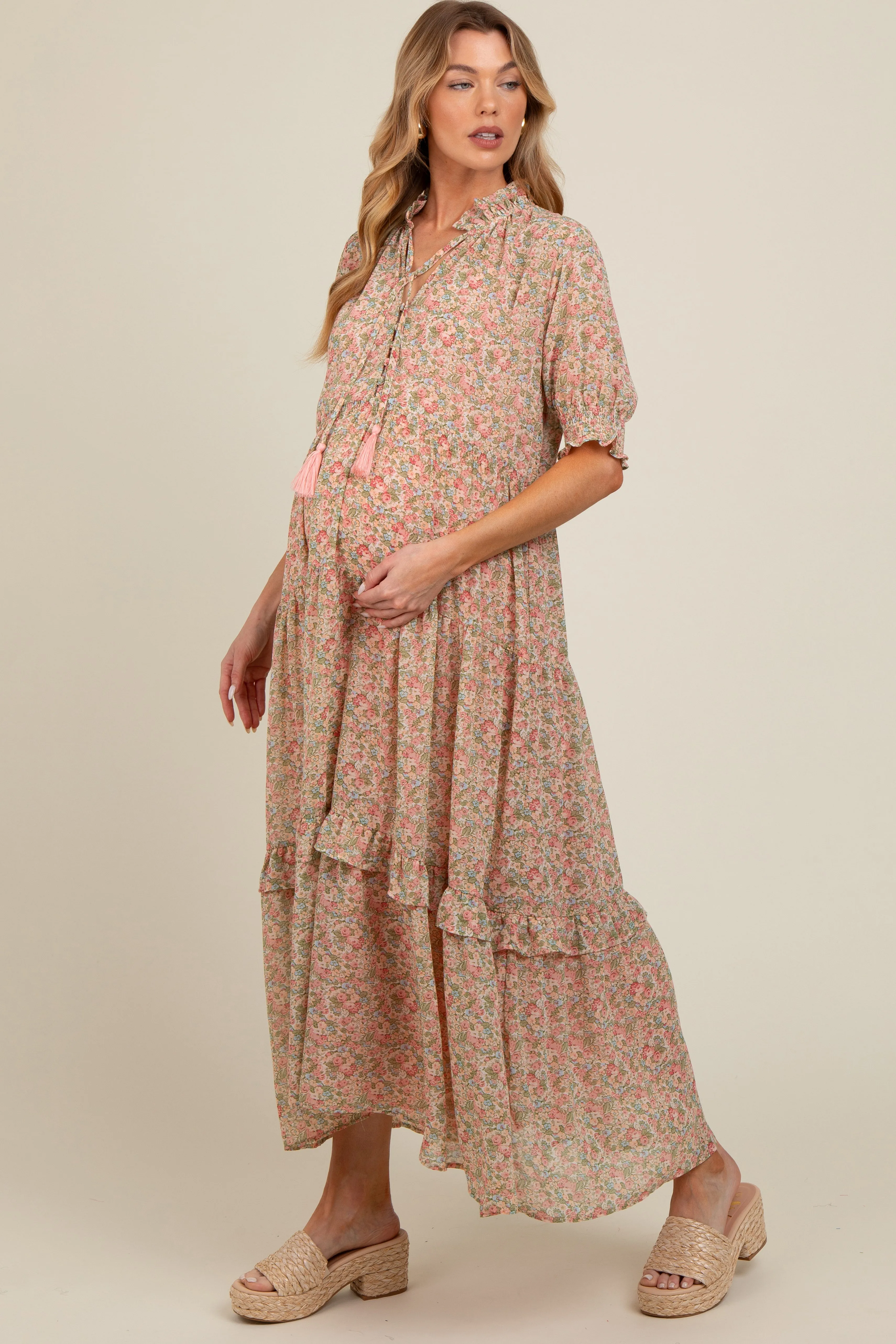 Peach Floral Chiffon Button Front Tiered Maternity Midi Dress sold by Pinkblush product image thumbnail 4