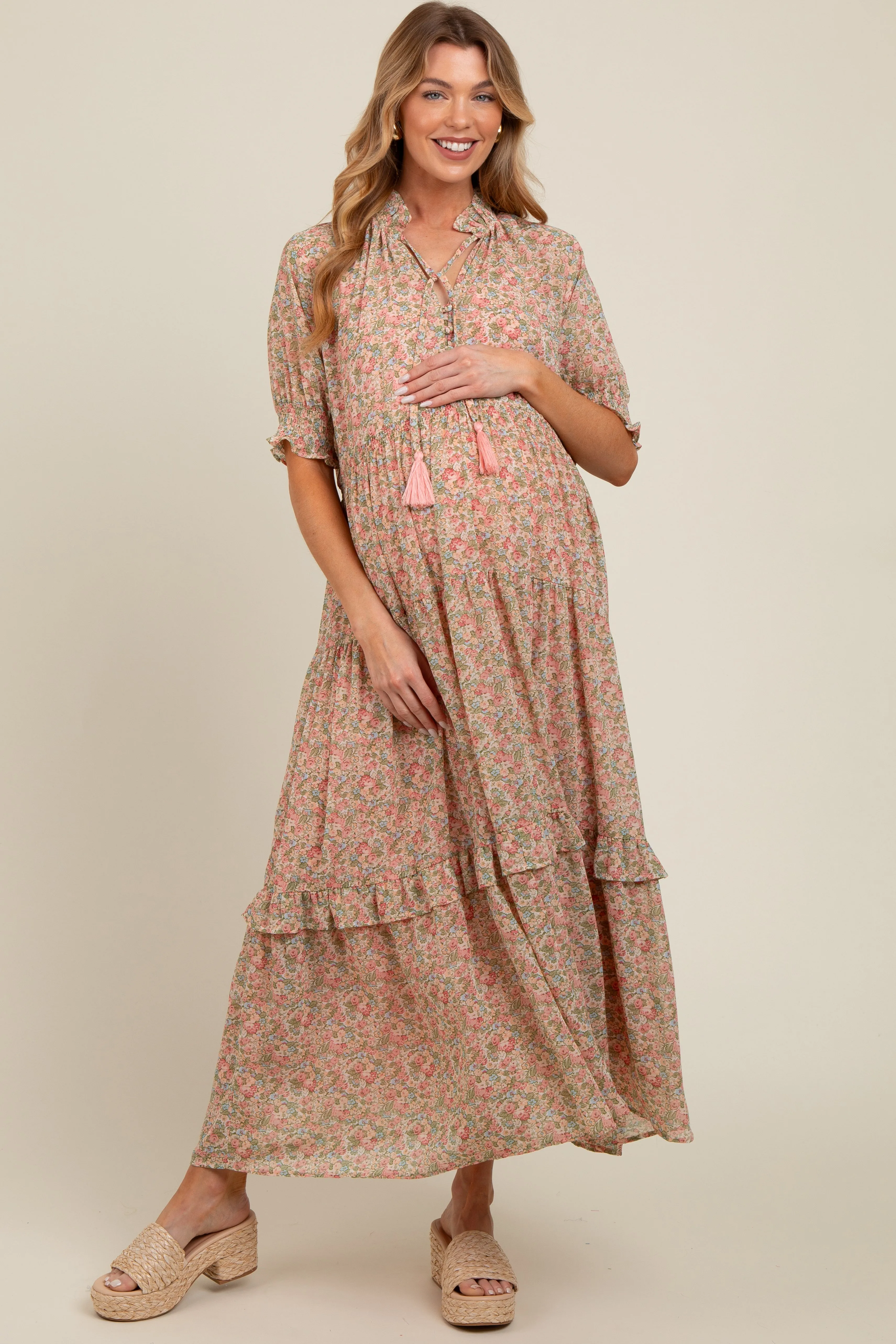 Peach Floral Chiffon Button Front Tiered Maternity Midi Dress sold by Pinkblush