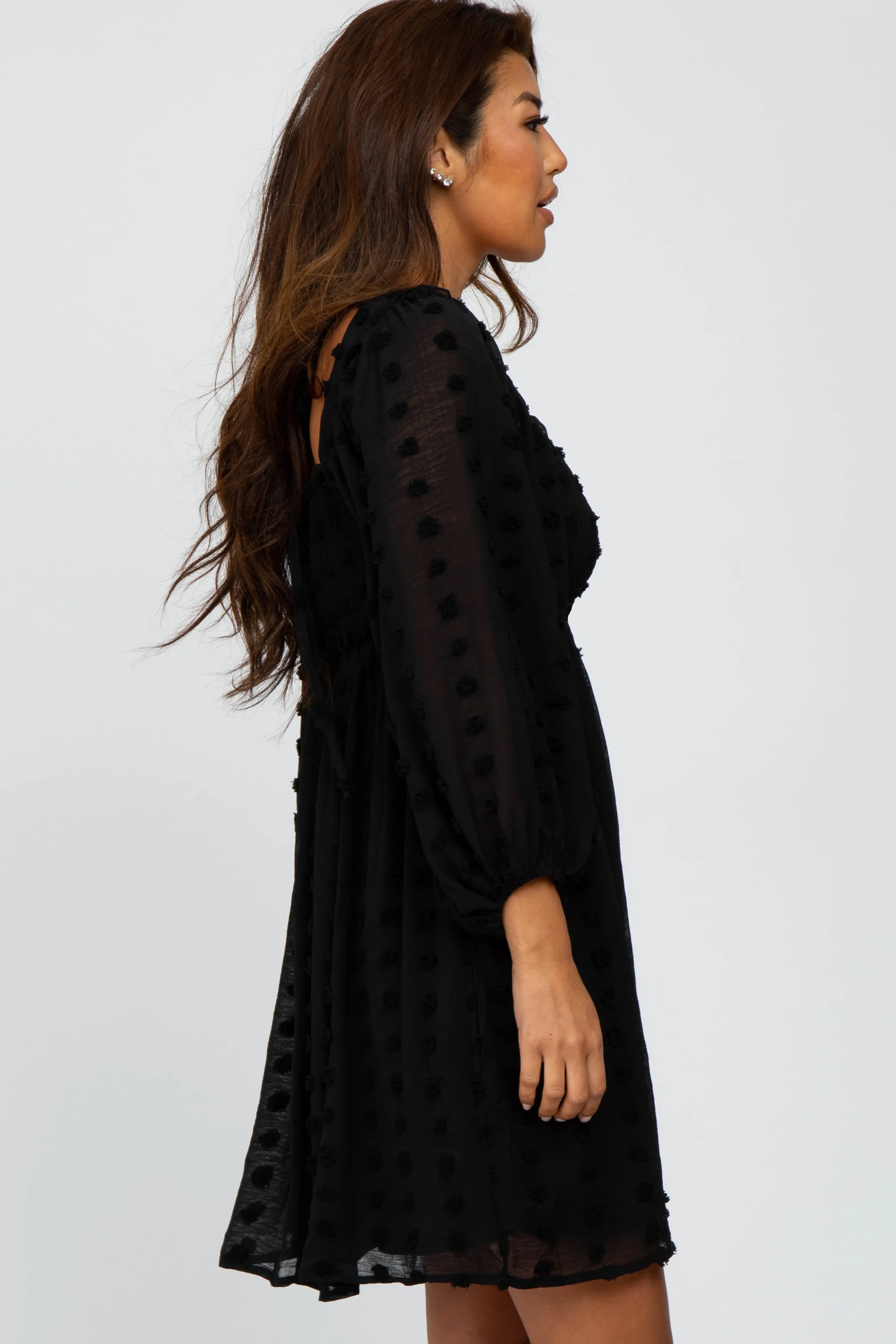 Black Textured Dot Smocked Square Neck Chiffon Dress sold by Pinkblush product image thumbnail 3