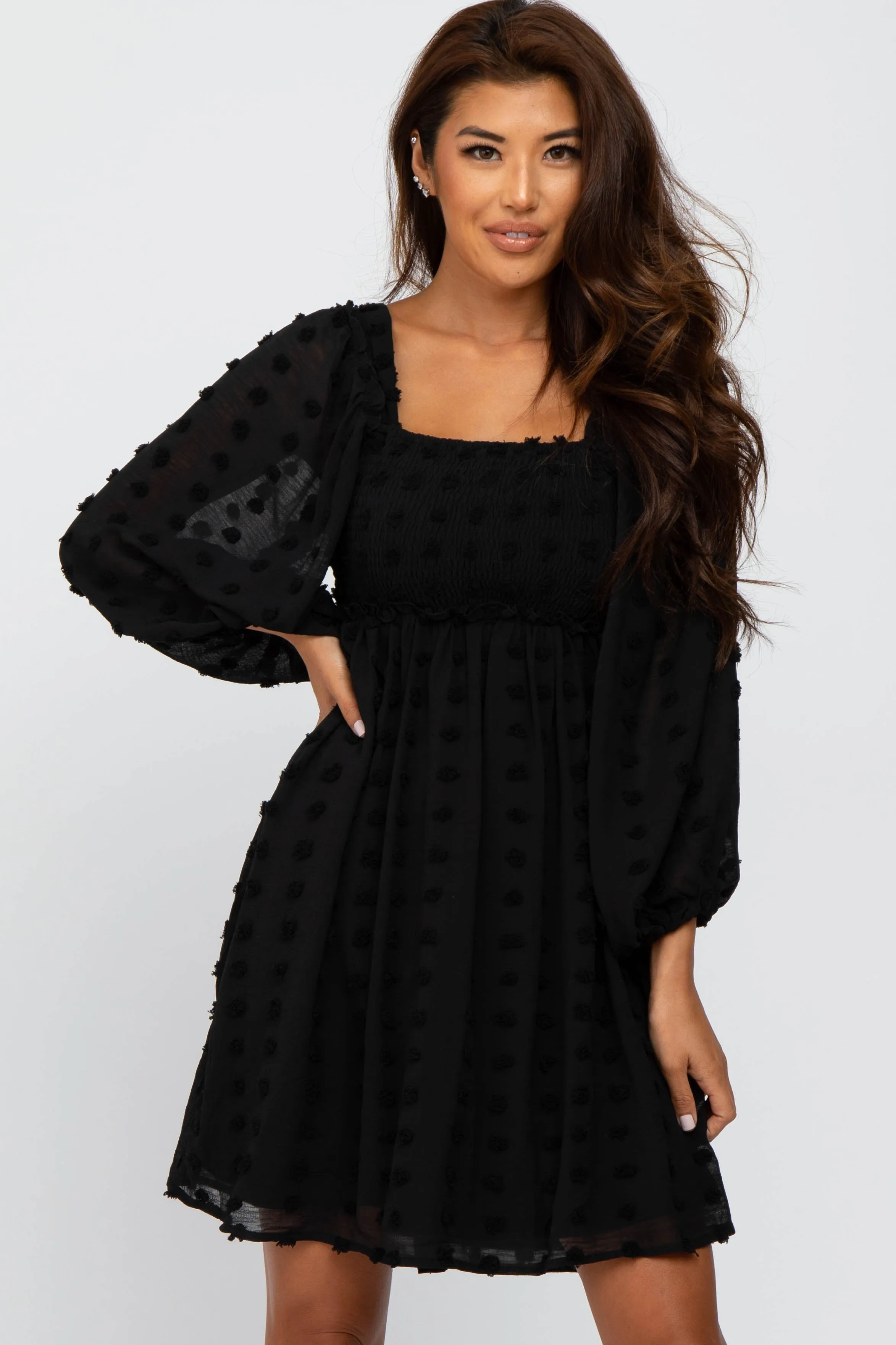 Black Textured Dot Smocked Square Neck Chiffon Dress sold by Pinkblush