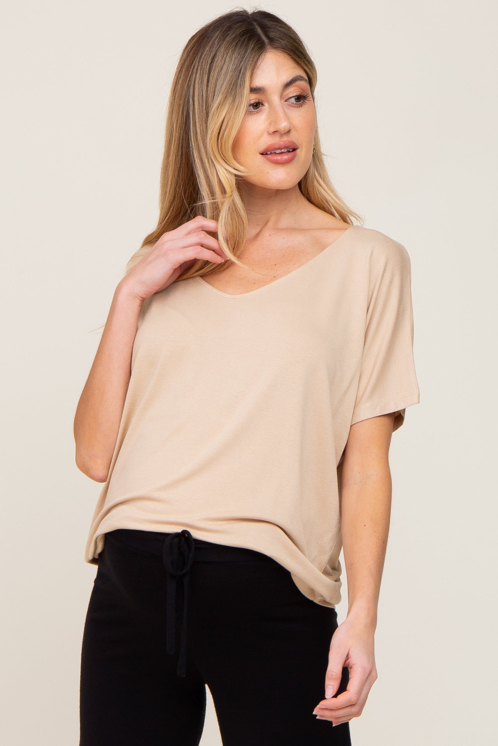 Taupe V-Neck Maternity Dolman Sleeve Top sold by Pinkblush
