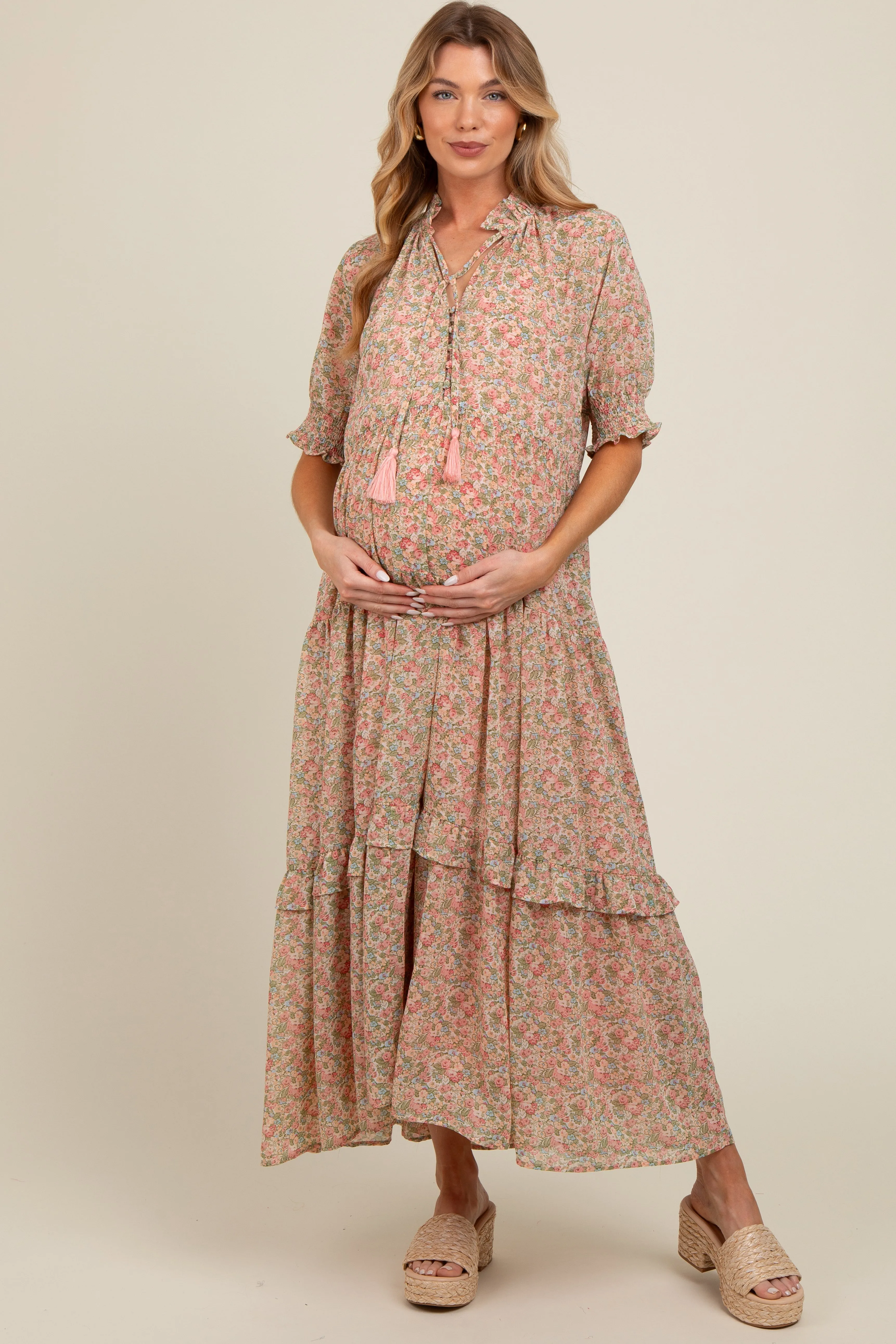 Peach Floral Chiffon Button Front Tiered Maternity Midi Dress sold by Pinkblush product image thumbnail 2