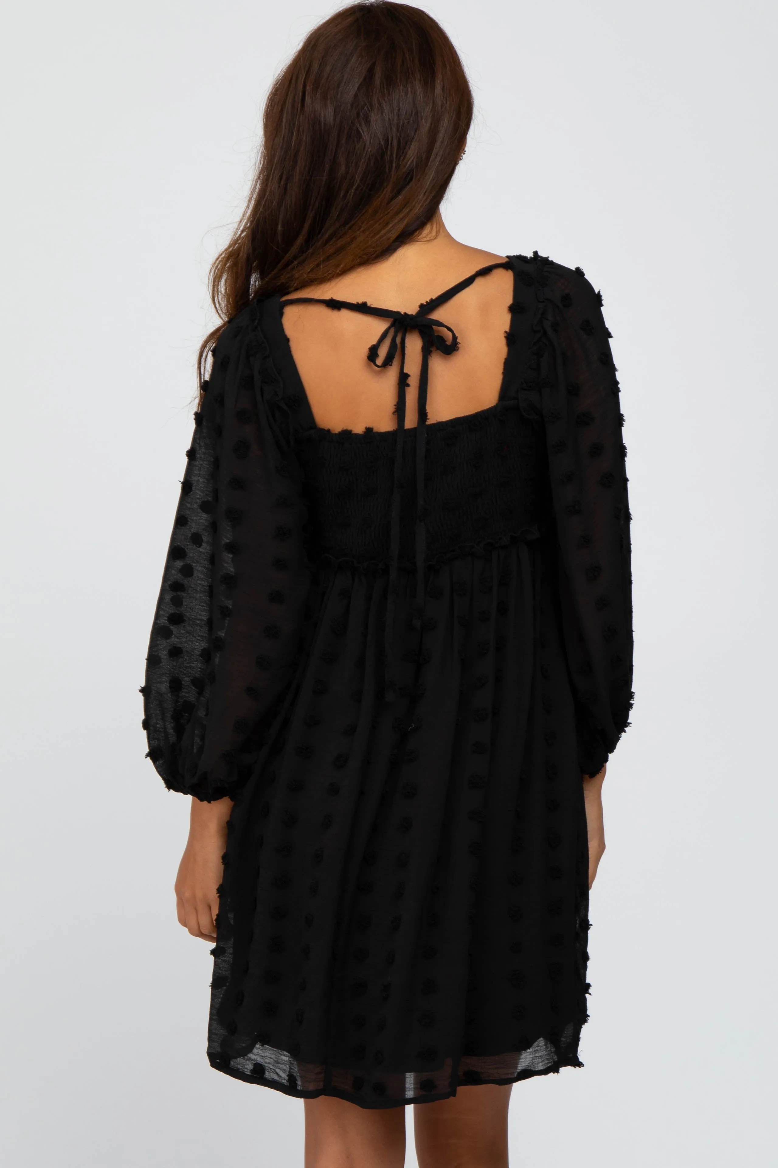 Black Textured Dot Smocked Square Neck Chiffon Dress sold by Pinkblush product image thumbnail 4