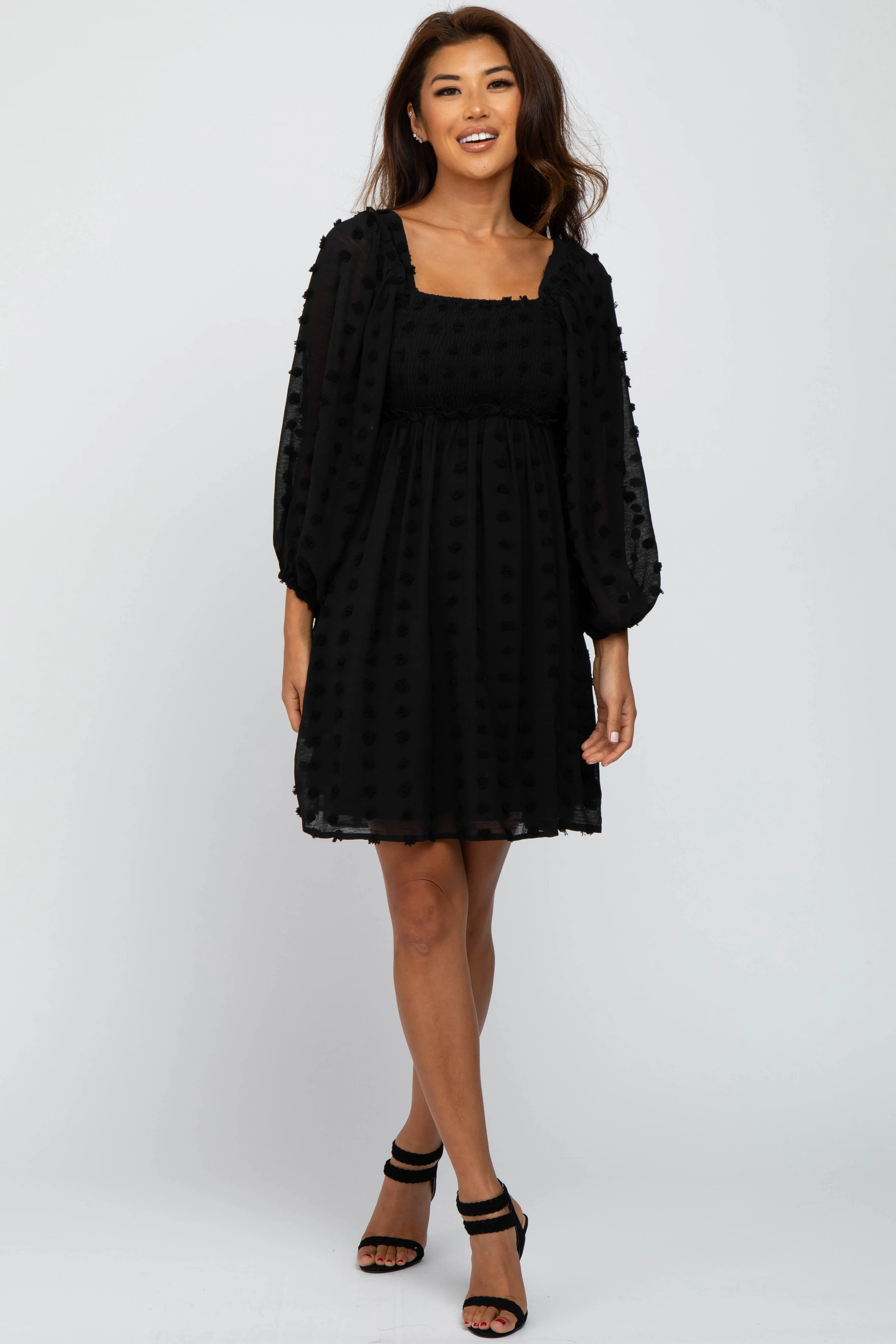 Black Textured Dot Smocked Square Neck Chiffon Dress sold by Pinkblush product image thumbnail 2