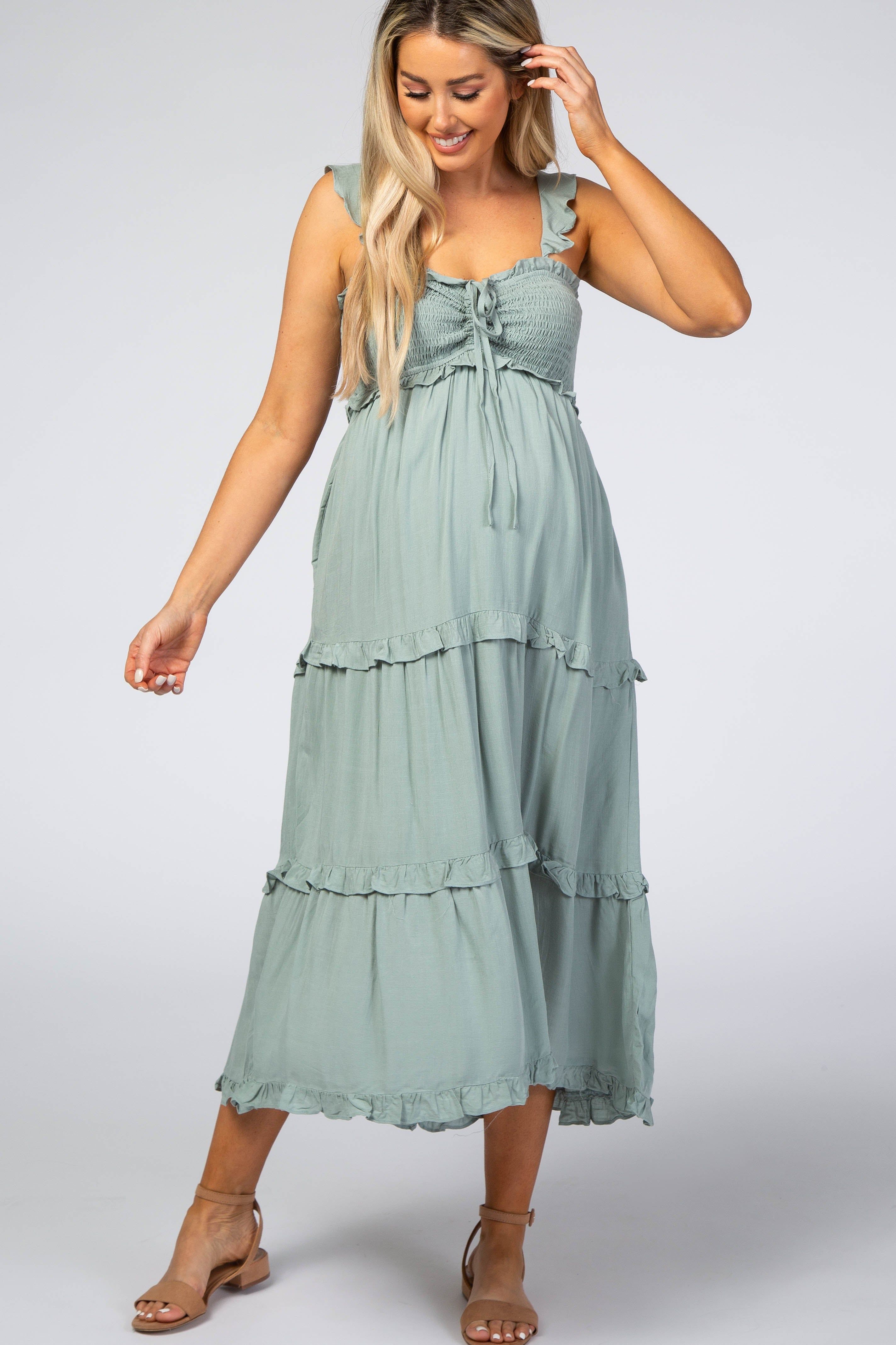 Dusty Mint Ruffle Tiered Maternity Midi Dress sold by Pinkblush product image thumbnail 4