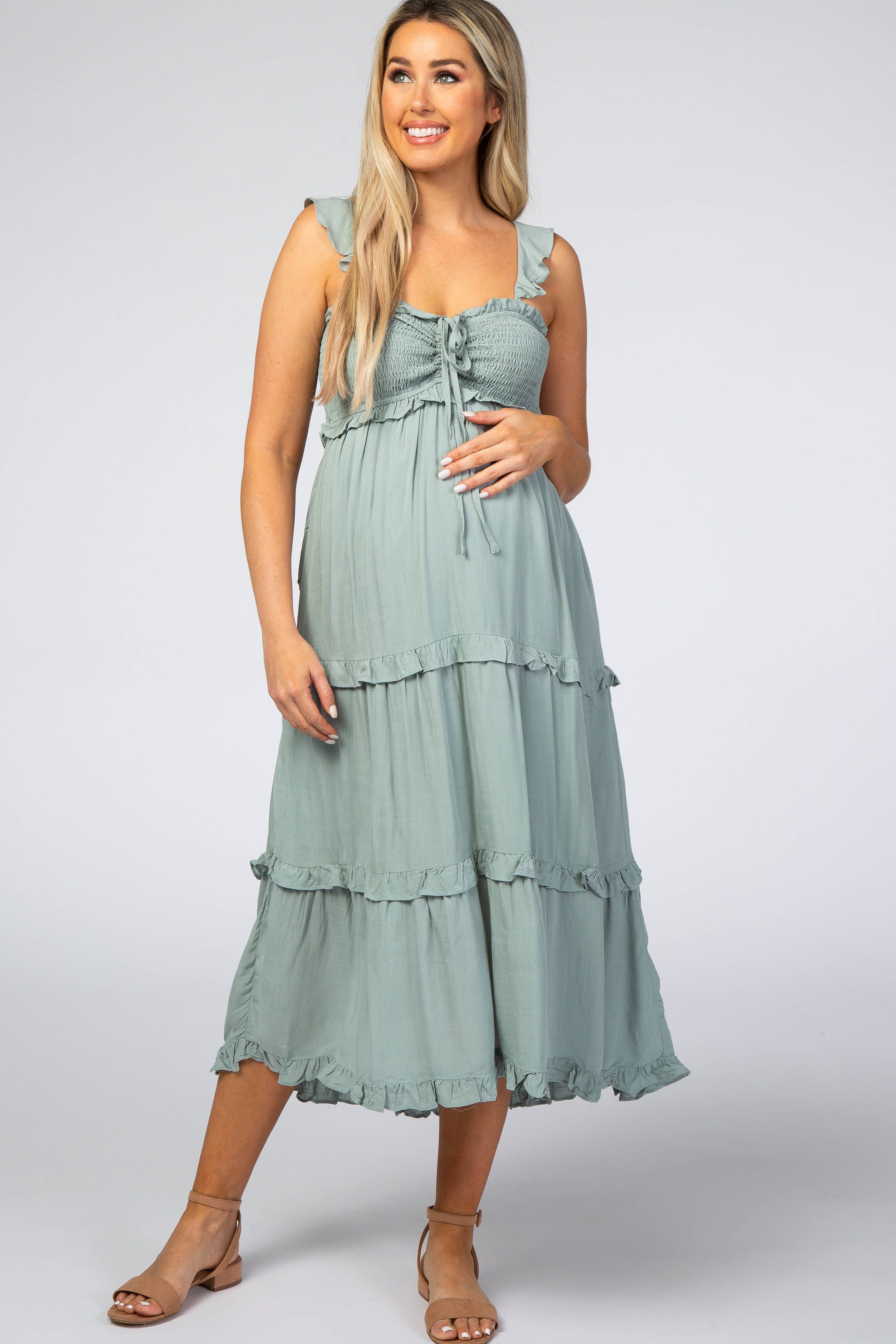 Dusty Mint Ruffle Tiered Maternity Midi Dress sold by Pinkblush