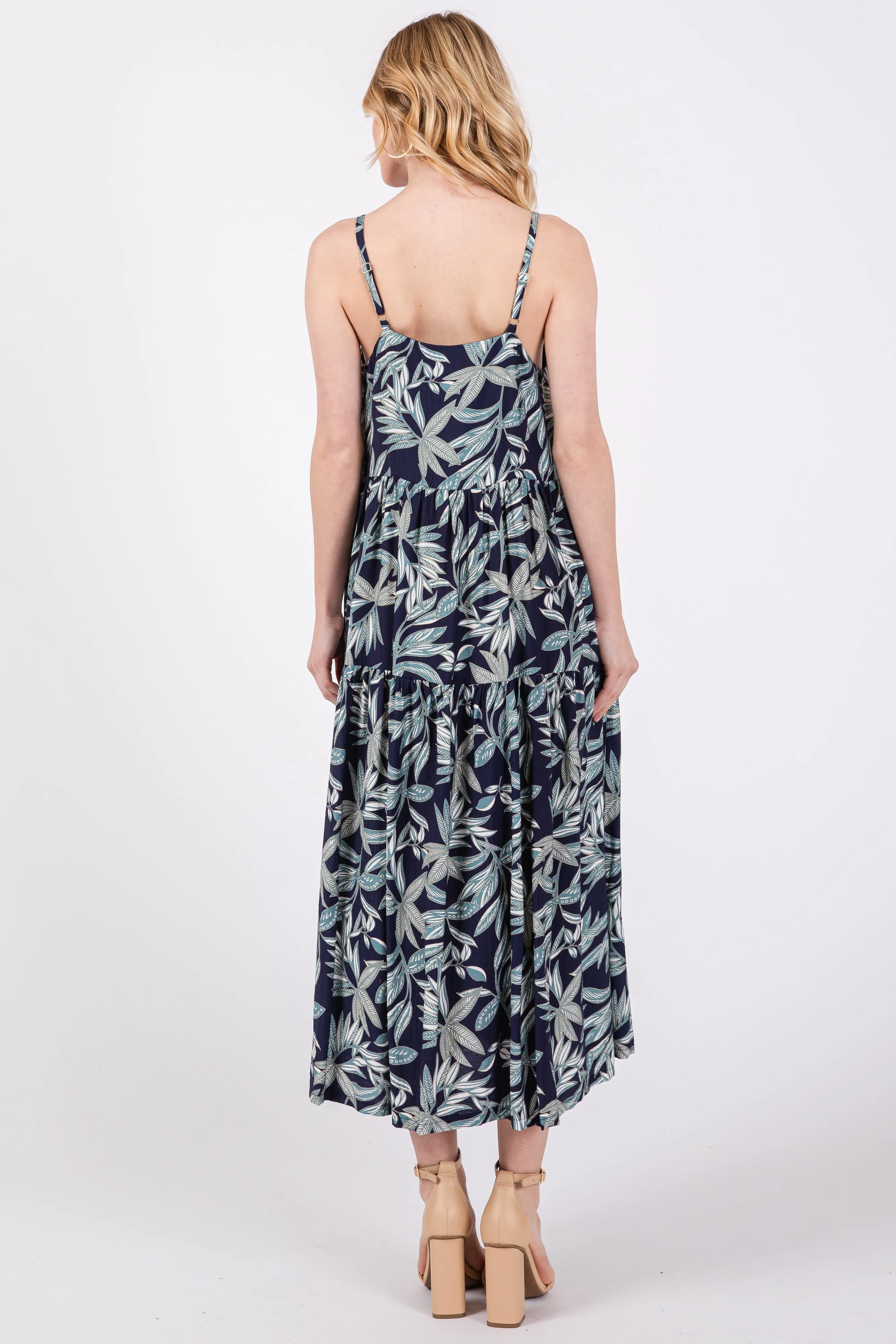 Navy Blue Leaf Print Square Neck Tiered Midi Dress sold by Pinkblush product image thumbnail 3