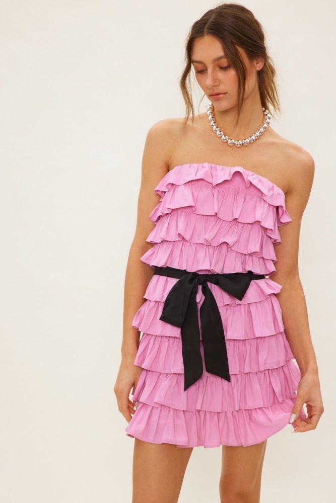 Pink Black Tiered Ruffle Off-Shoulder Mini Dress With Belt sold by Pinkblush