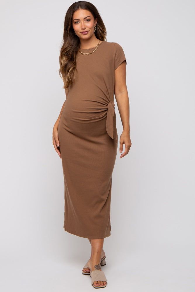 Brown Rib Knit Side Tie Maternity Midi Dress sold by Pinkblush product image thumbnail 5