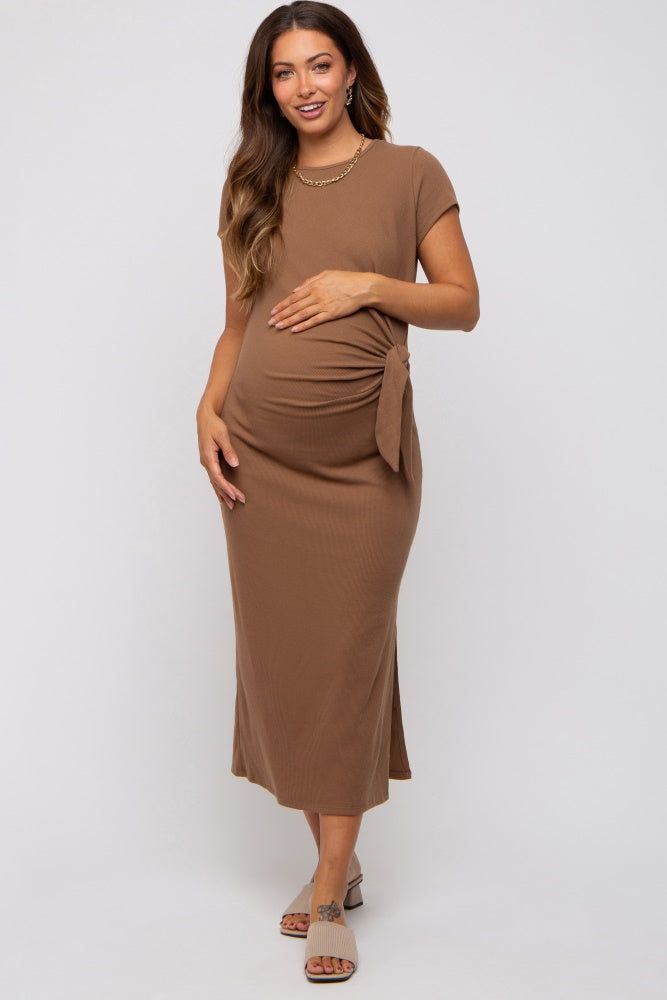 Brown Rib Knit Side Tie Maternity Midi Dress sold by Pinkblush product image thumbnail 2