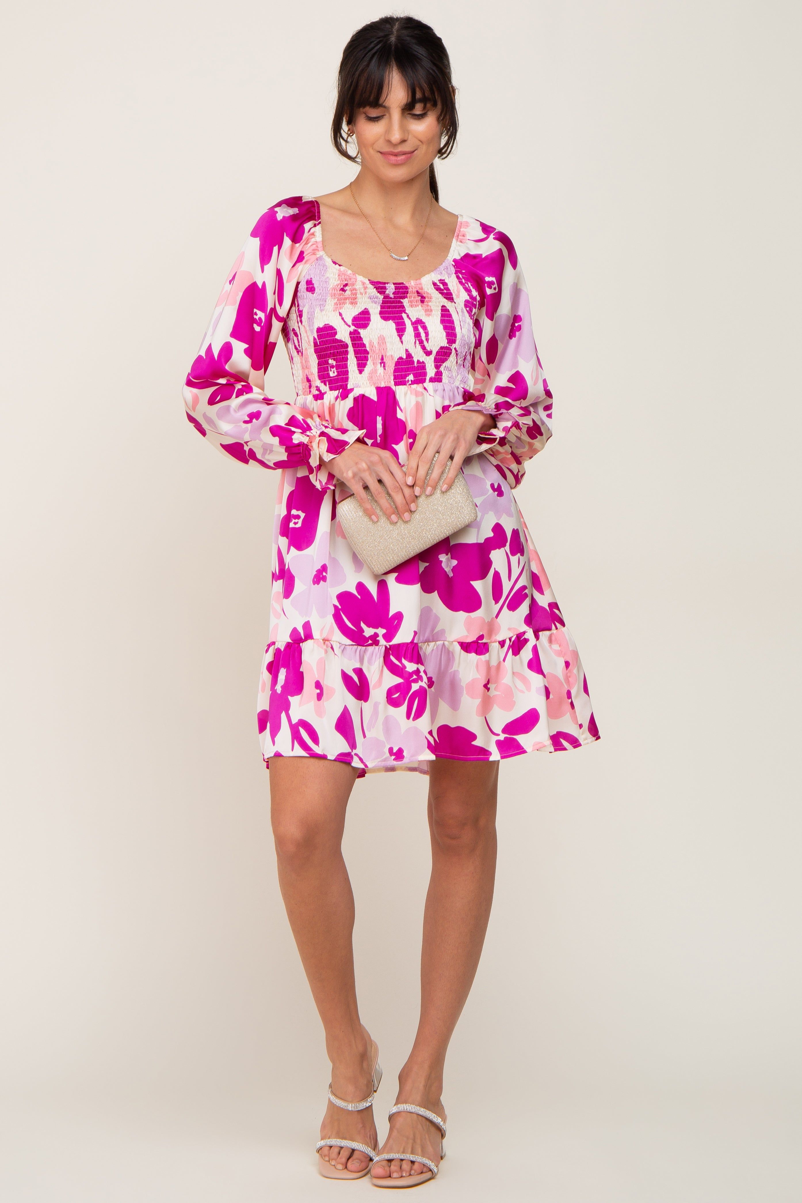 Purple Floral Satin Tiered Smocked Dress sold by Pinkblush product image thumbnail 4