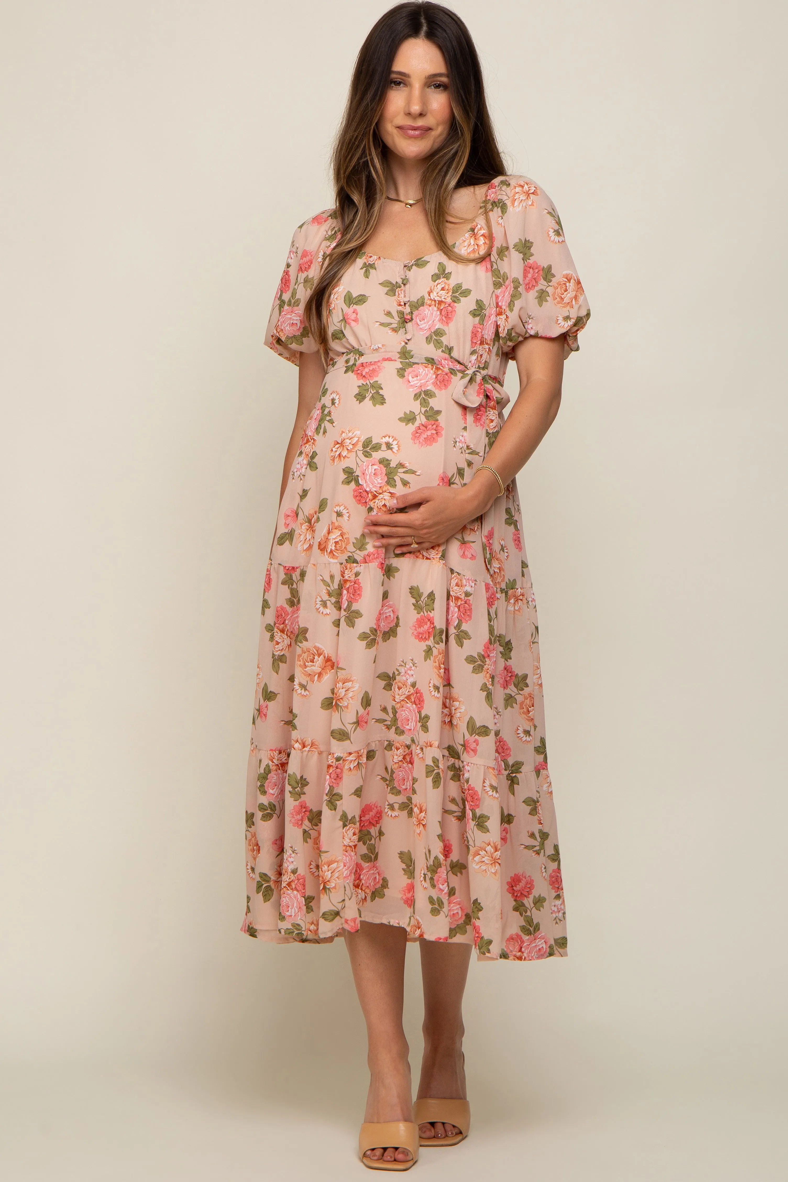 Pink Floral Button Puff Sleeve Maternity Midi Dress sold by Pinkblush product image thumbnail 4