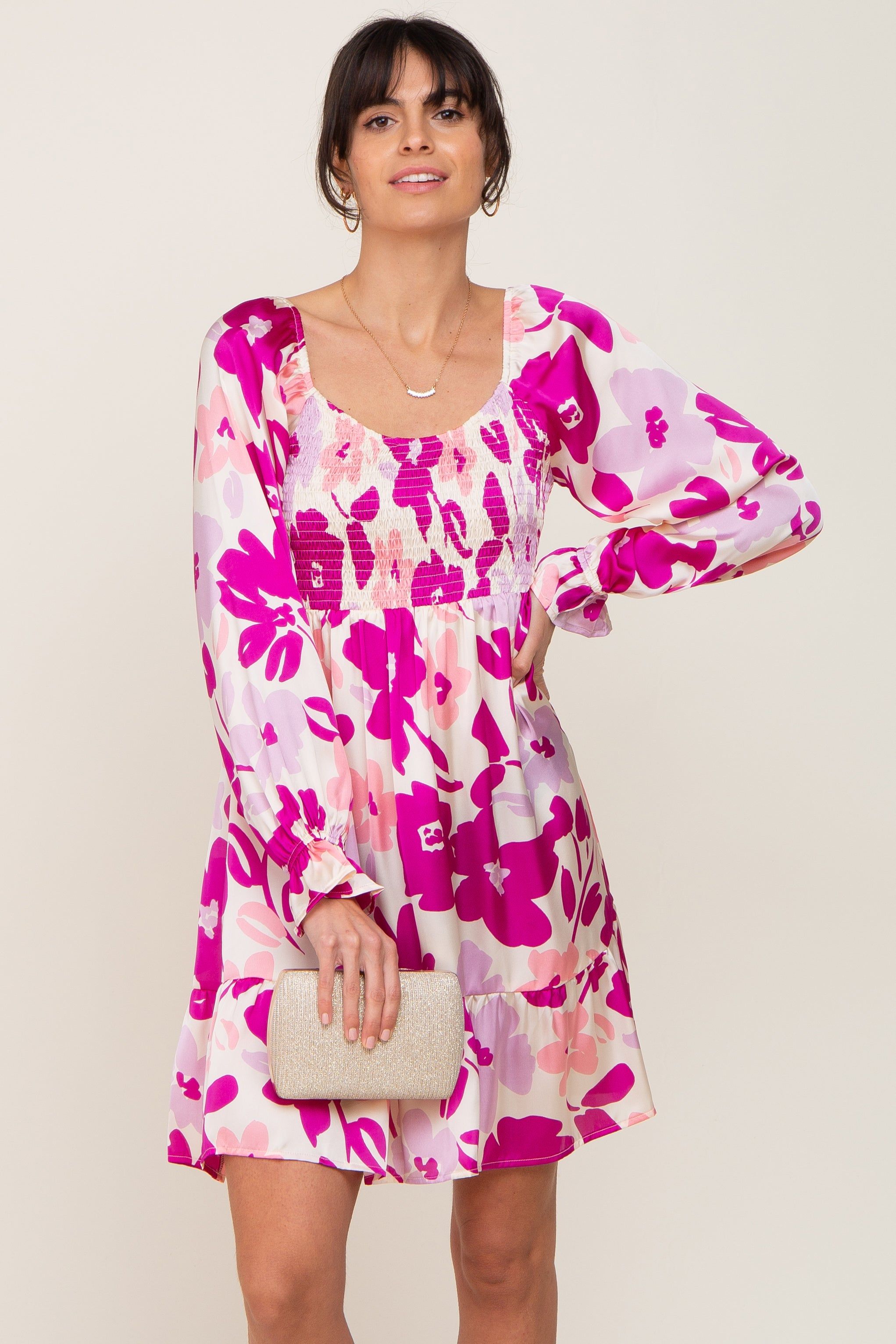 Purple Floral Satin Tiered Smocked Dress sold by Pinkblush