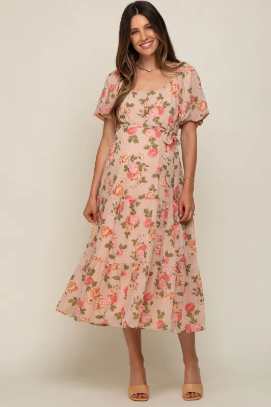 Pink Floral Button Puff Sleeve Maternity Midi Dress sold by Pinkblush