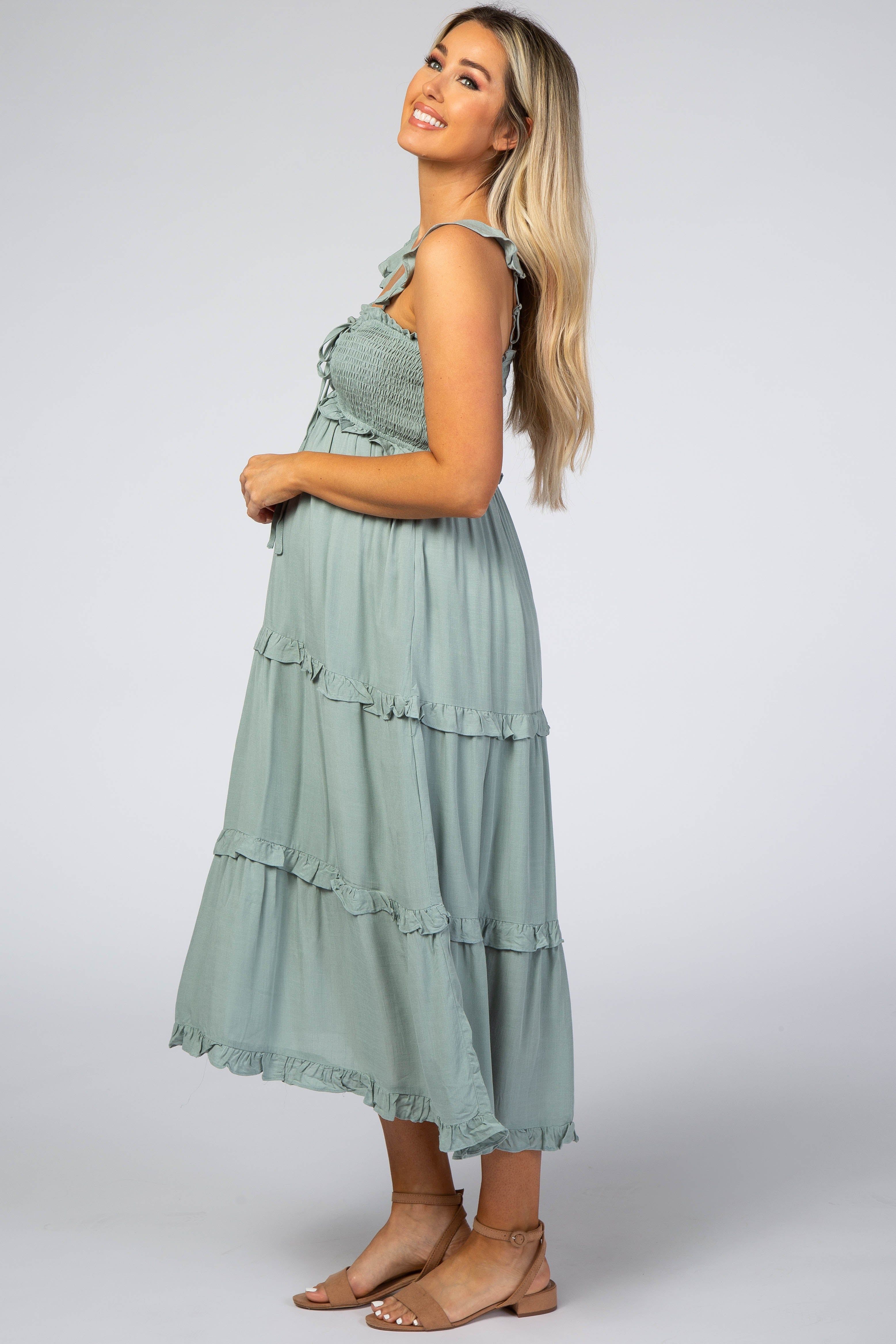 Dusty Mint Ruffle Tiered Maternity Midi Dress sold by Pinkblush product image thumbnail 2
