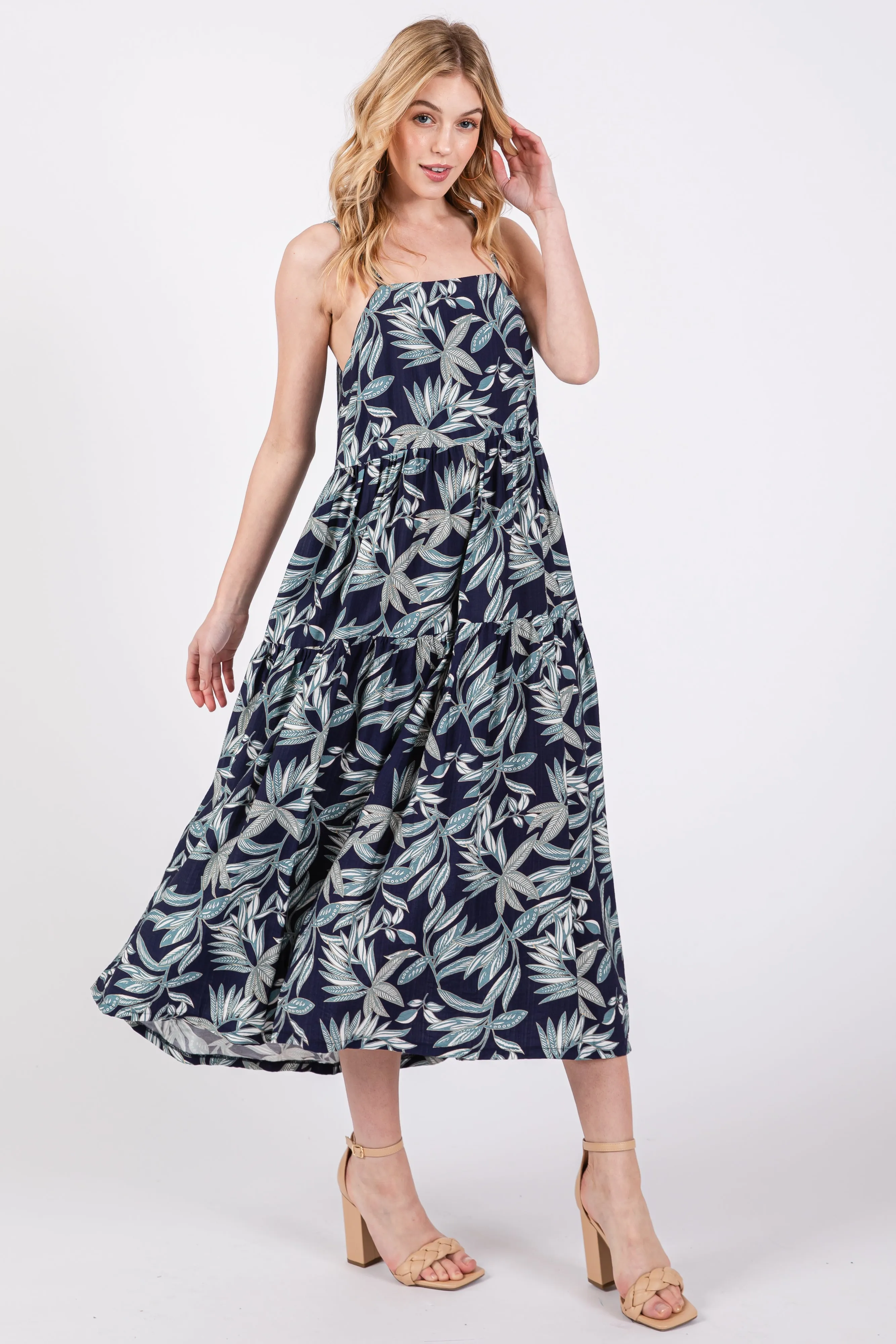 Navy Blue Leaf Print Square Neck Tiered Midi Dress sold by Pinkblush product image thumbnail 4
