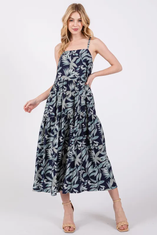 Navy Blue Leaf Print Square Neck Tiered Midi Dress sold by Pinkblush
