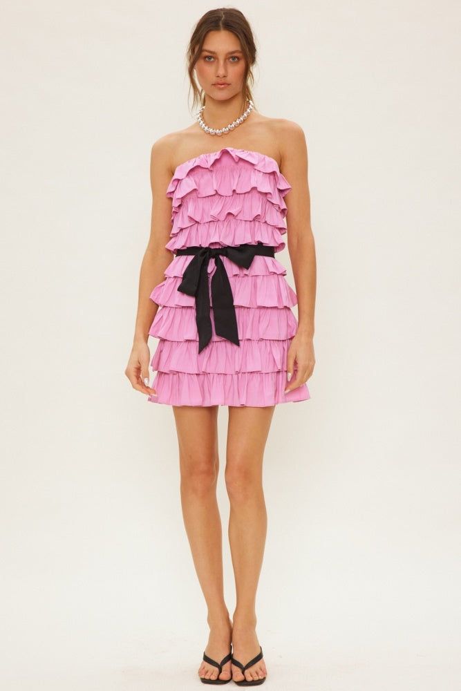Pink Black Tiered Ruffle Off-Shoulder Mini Dress With Belt sold by Pinkblush product image thumbnail 5