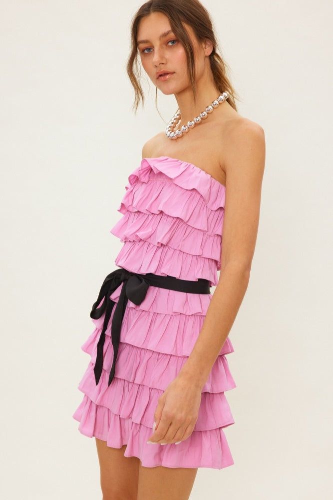 Pink Black Tiered Ruffle Off-Shoulder Mini Dress With Belt sold by Pinkblush product image thumbnail 2
