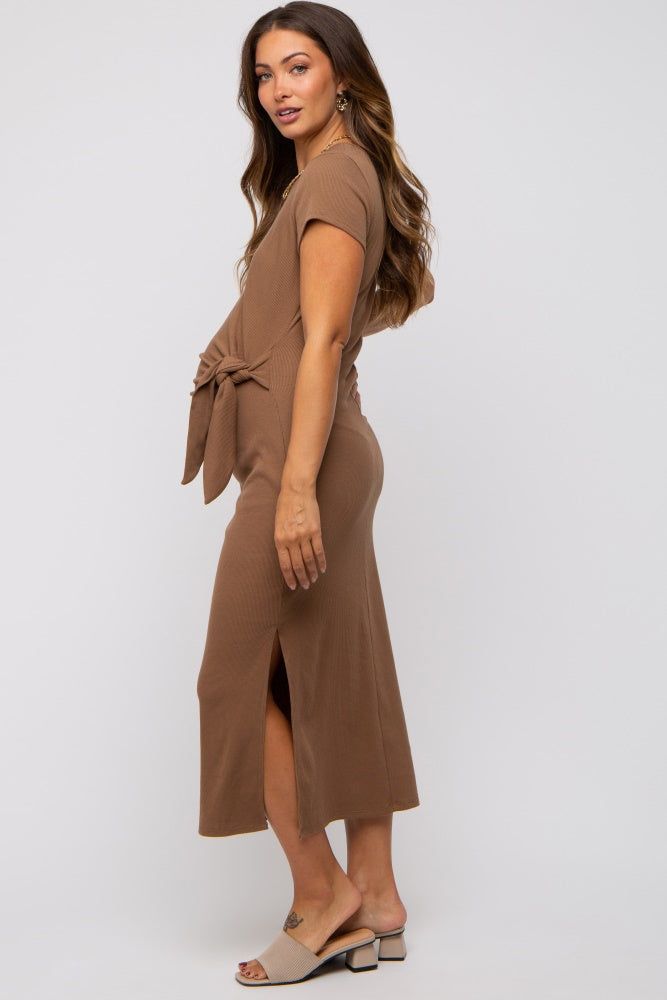 Brown Rib Knit Side Tie Maternity Midi Dress sold by Pinkblush product image thumbnail 3