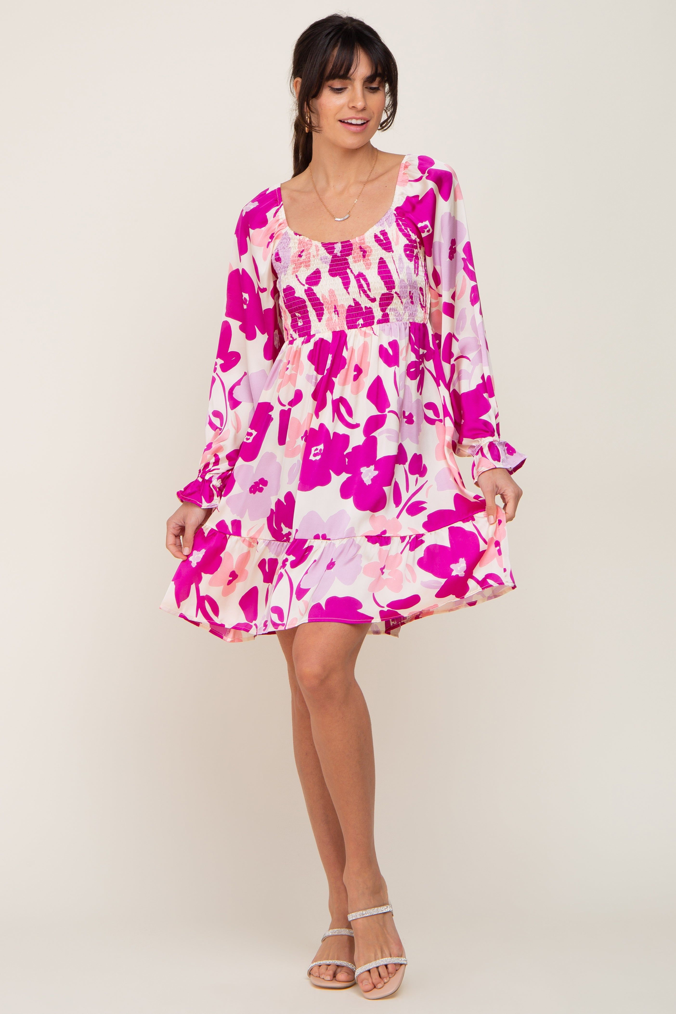 Purple Floral Satin Tiered Smocked Dress sold by Pinkblush product image thumbnail 5