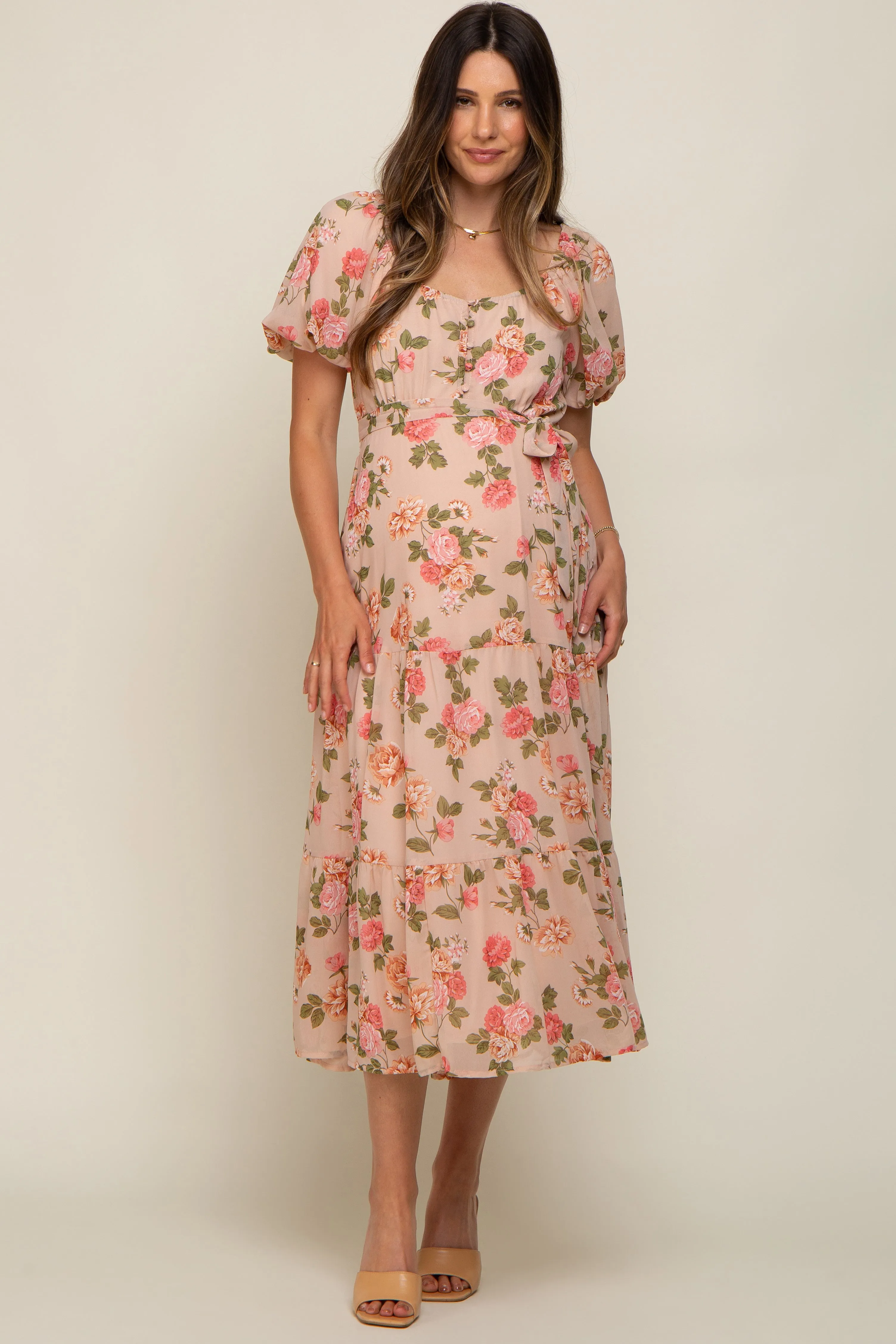 Pink Floral Button Puff Sleeve Maternity Midi Dress sold by Pinkblush product image thumbnail 5