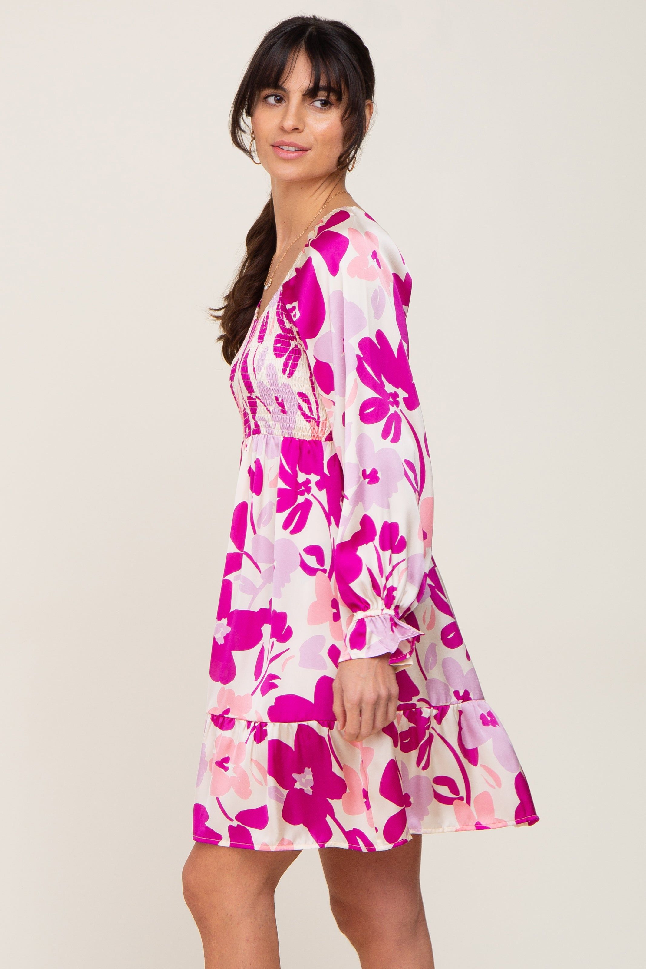 Purple Floral Satin Tiered Smocked Dress sold by Pinkblush product image thumbnail 2