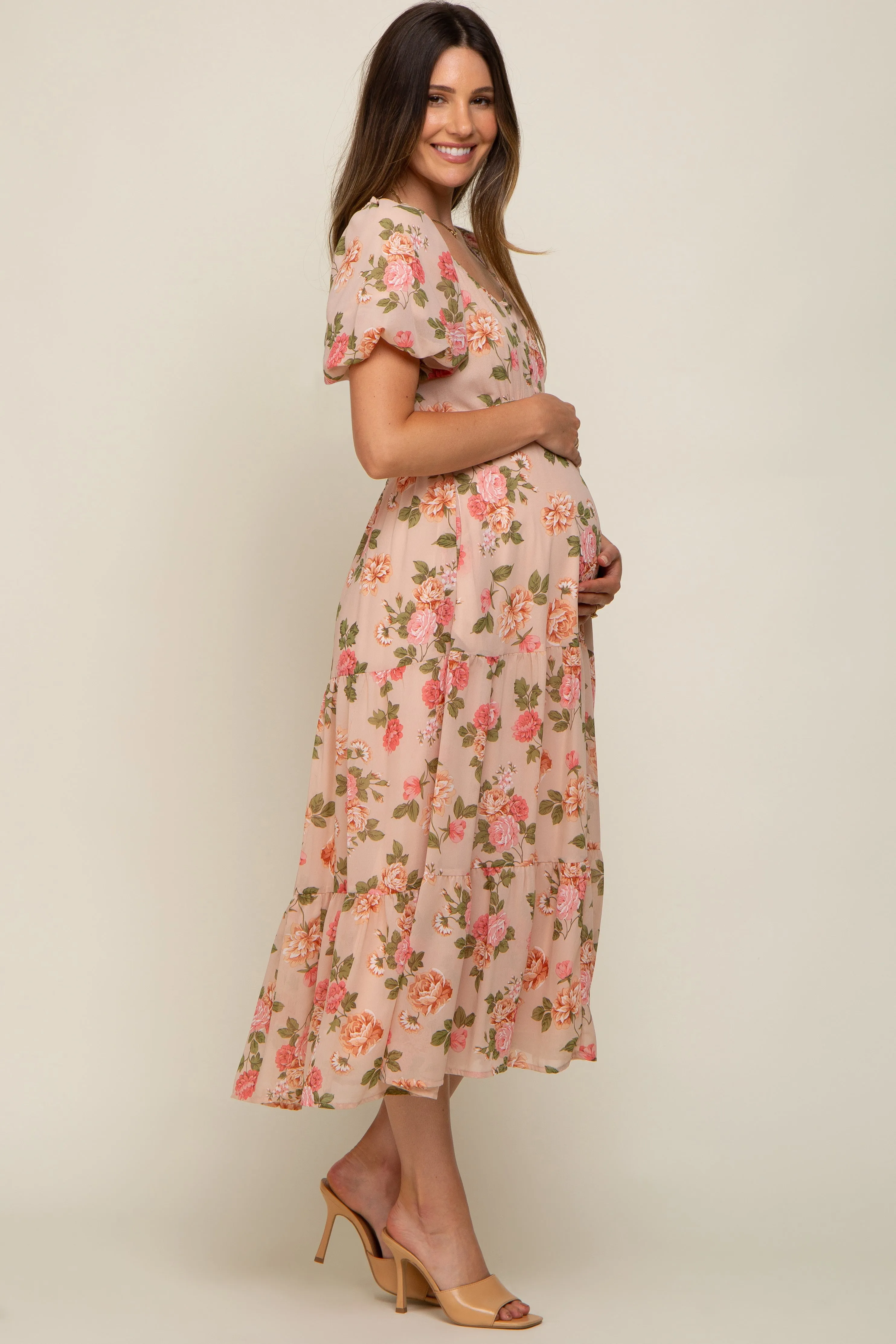 Pink Floral Button Puff Sleeve Maternity Midi Dress sold by Pinkblush product image thumbnail 2