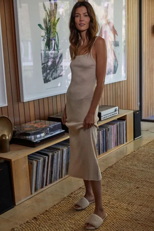 Beige Square Neck Ribbed Sleeveless Midi Dress sold by Pinkblush