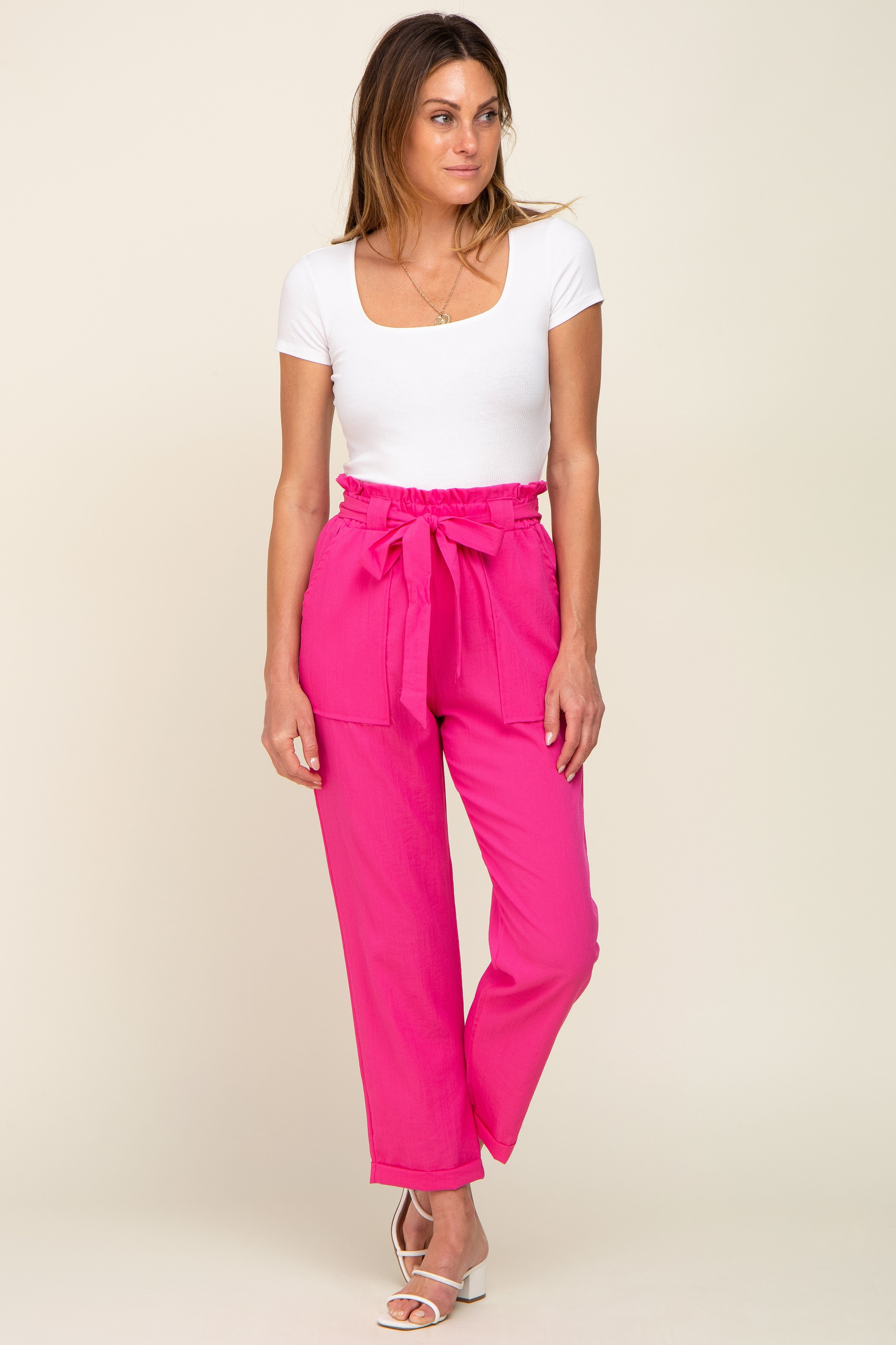 Fuchsia Paper Bag Waist Cropped Pants sold by Pinkblush product image thumbnail 5