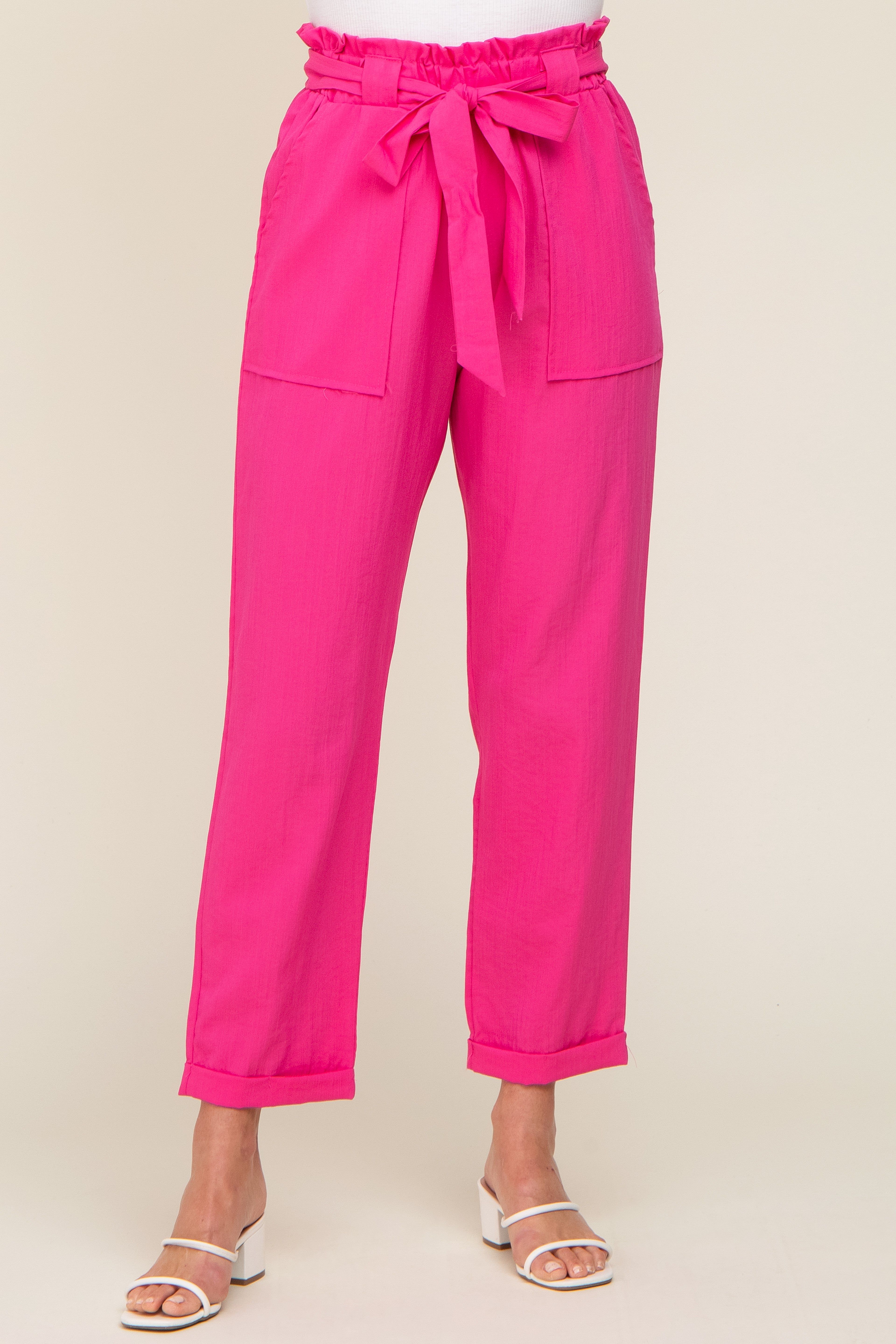Fuchsia Paper Bag Waist Cropped Pants sold by Pinkblush product image thumbnail 2