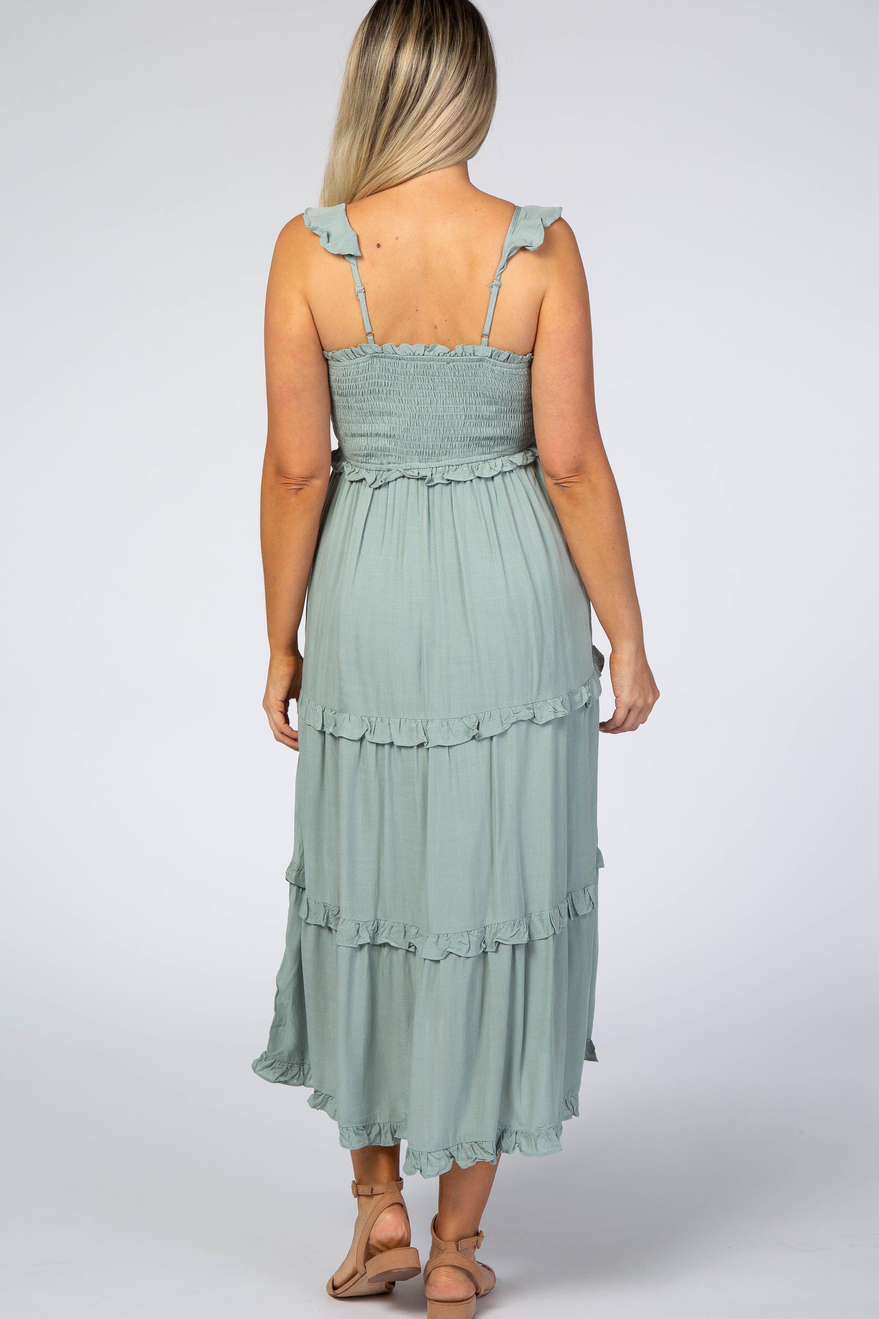 Dusty Mint Ruffle Tiered Maternity Midi Dress sold by Pinkblush product image thumbnail 3