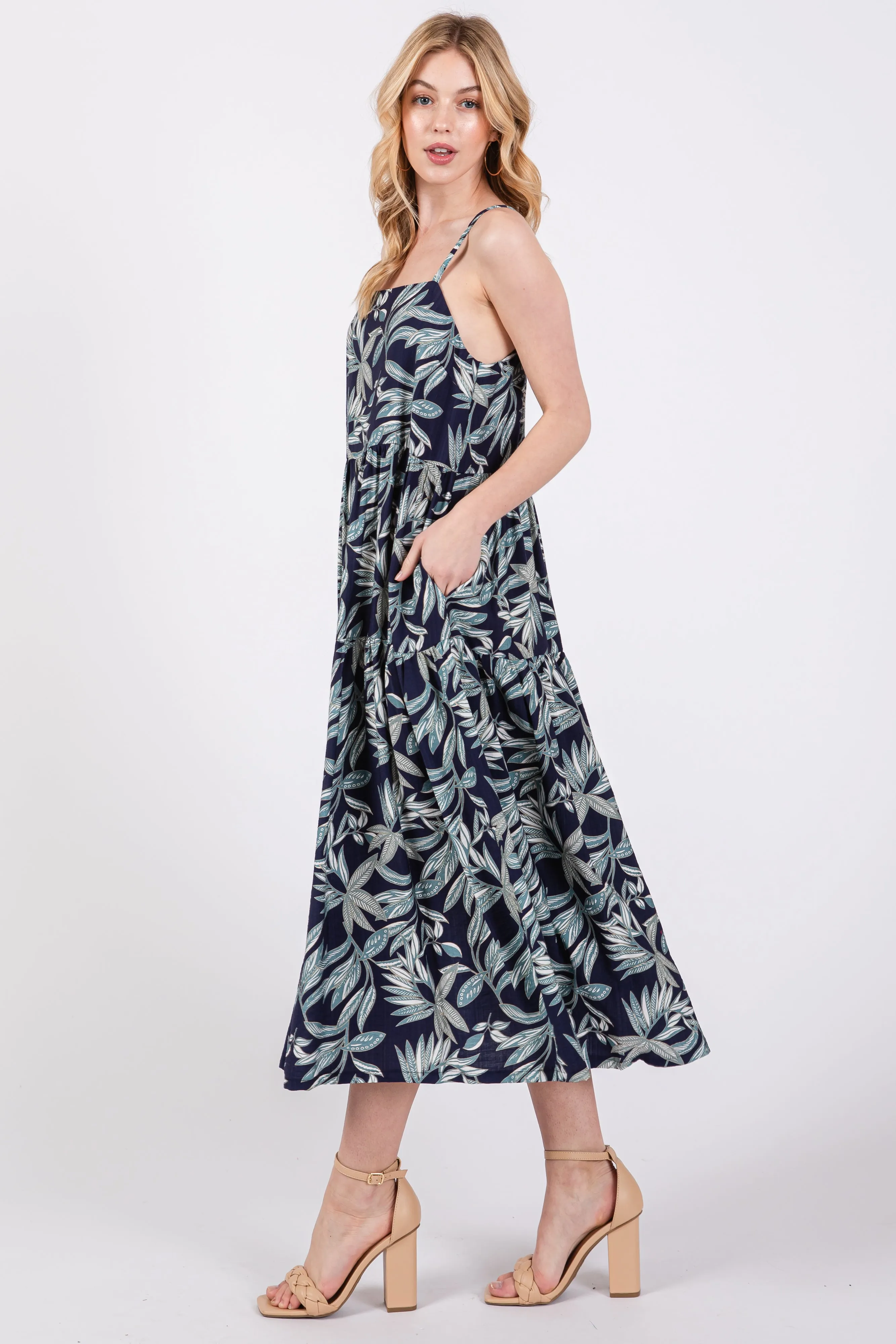 Navy Blue Leaf Print Square Neck Tiered Midi Dress sold by Pinkblush product image thumbnail 2