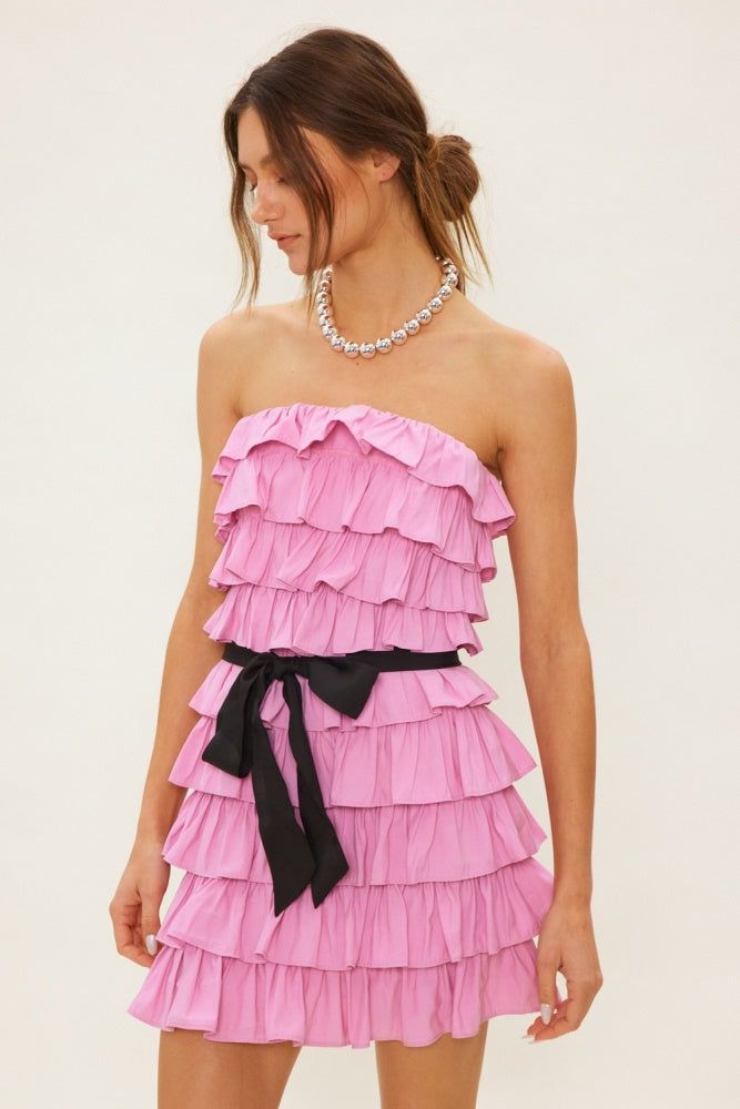 Pink Black Tiered Ruffle Off-Shoulder Mini Dress With Belt sold by Pinkblush product image thumbnail 3