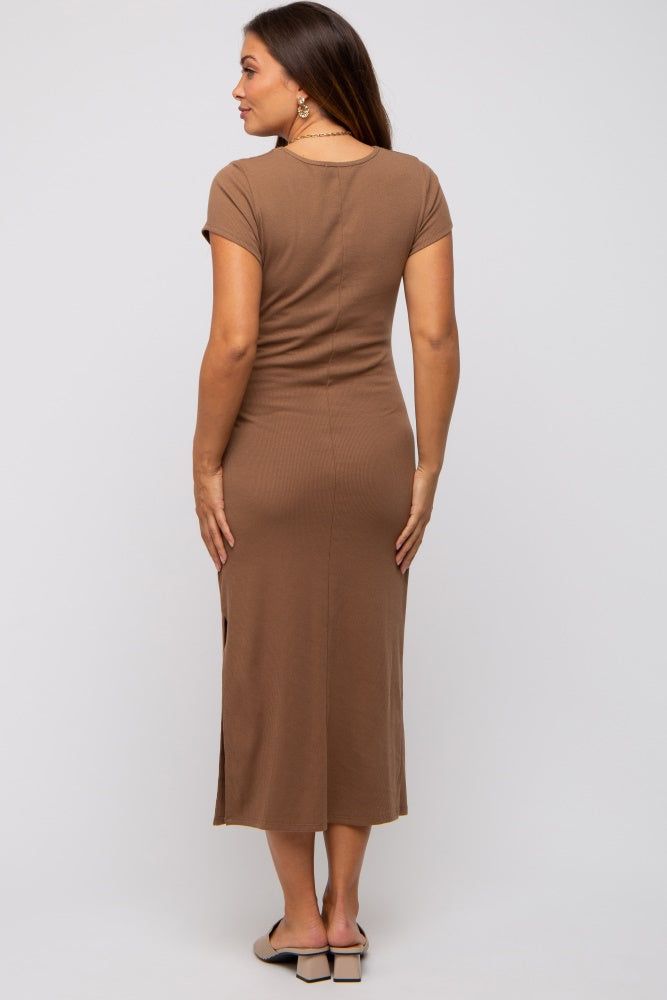 Brown Rib Knit Side Tie Maternity Midi Dress sold by Pinkblush product image thumbnail 4