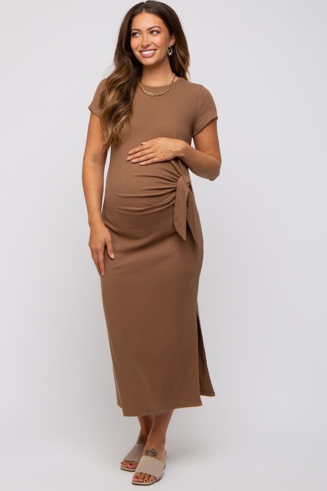 Brown Rib Knit Side Tie Maternity Midi Dress sold by Pinkblush