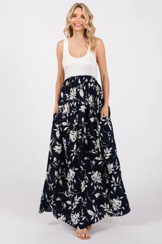 Navy Colorblock Floral Maxi Dress sold by Pinkblush